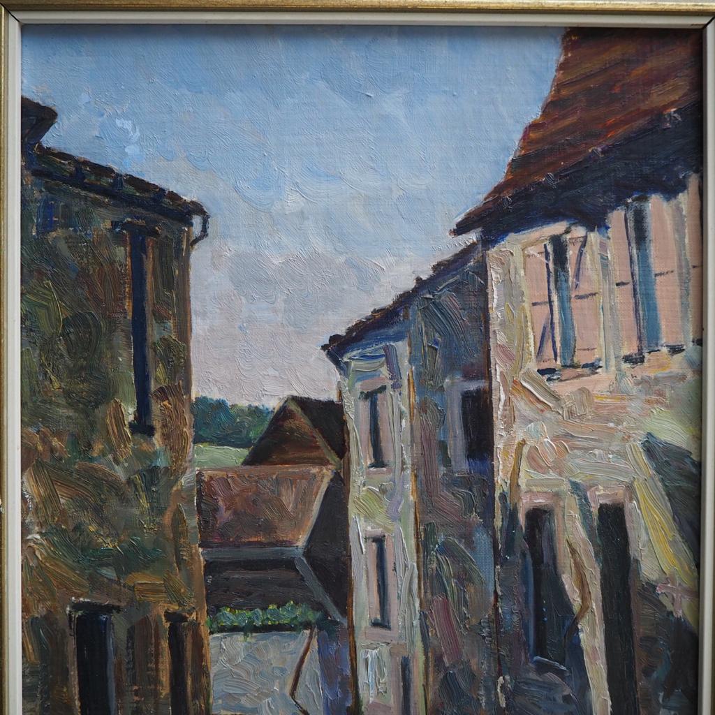 Midcentury Abstract Oil Painting: A Glimpse of a Village