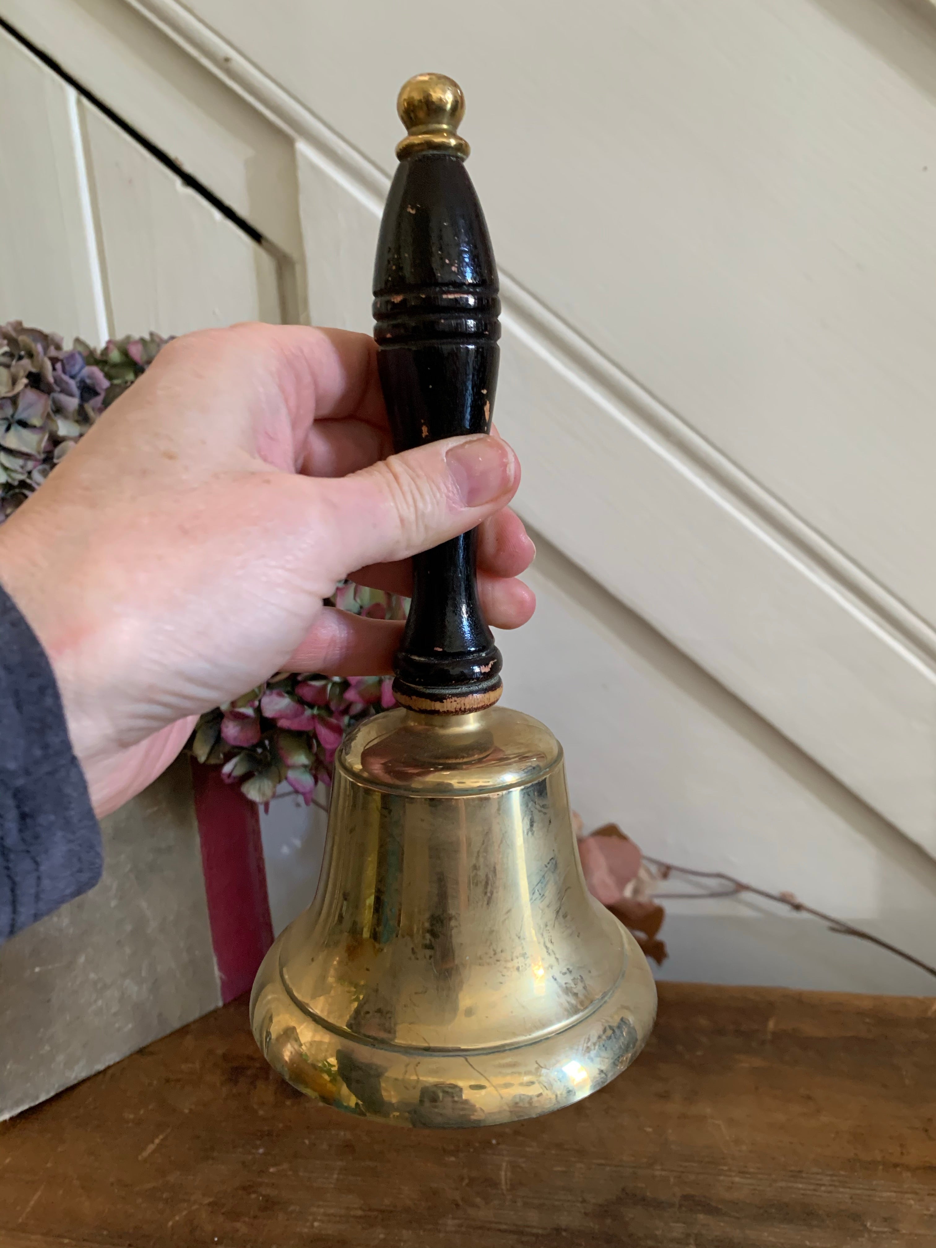 Large Vintage Brass Handbell with Black Handle