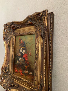Red Burst: Small Floral Oil in Gesso Frame