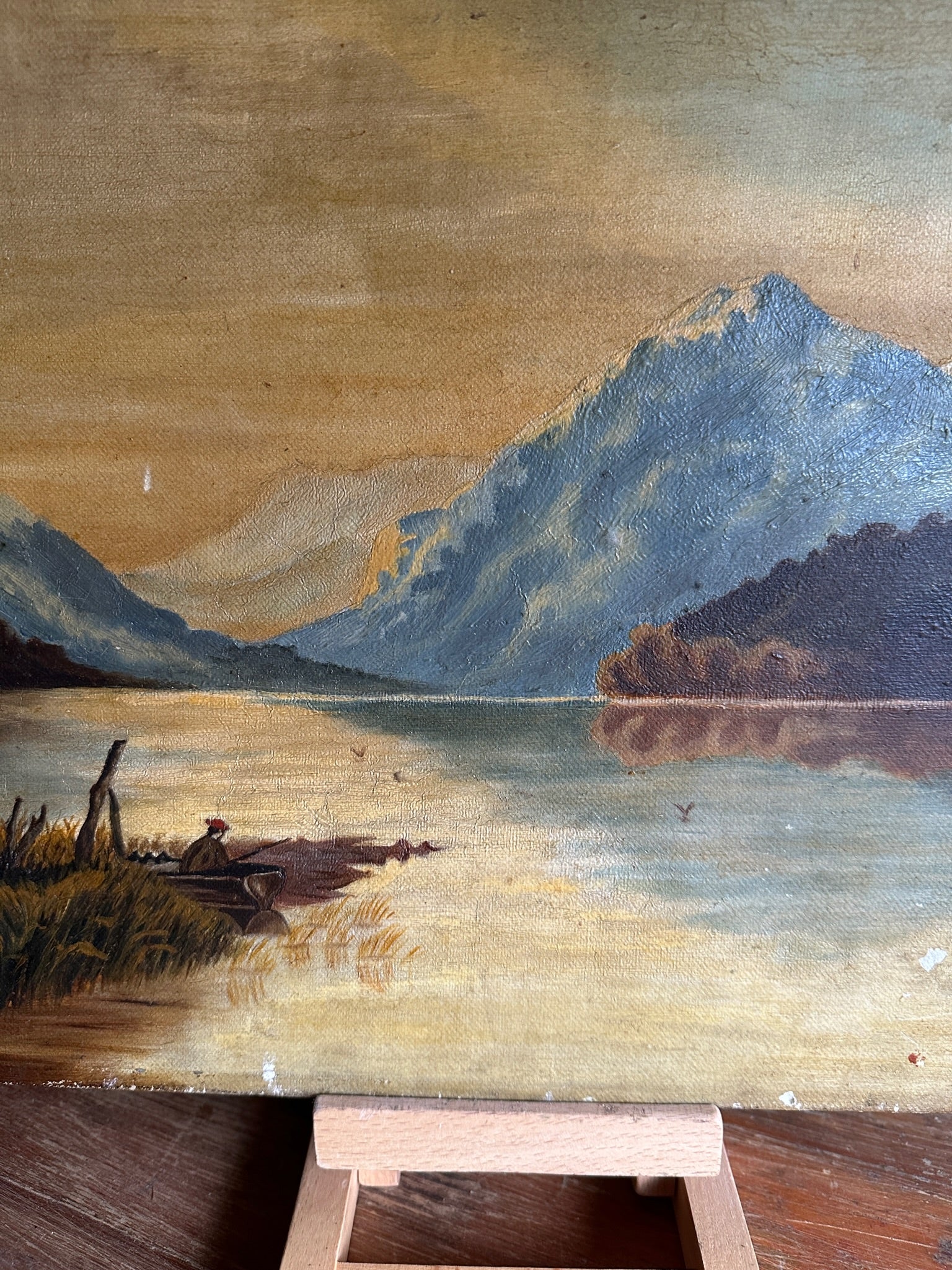 19th Century Fisherman and Ochre Sky: Oil on Canvas Signed and Dated 1876