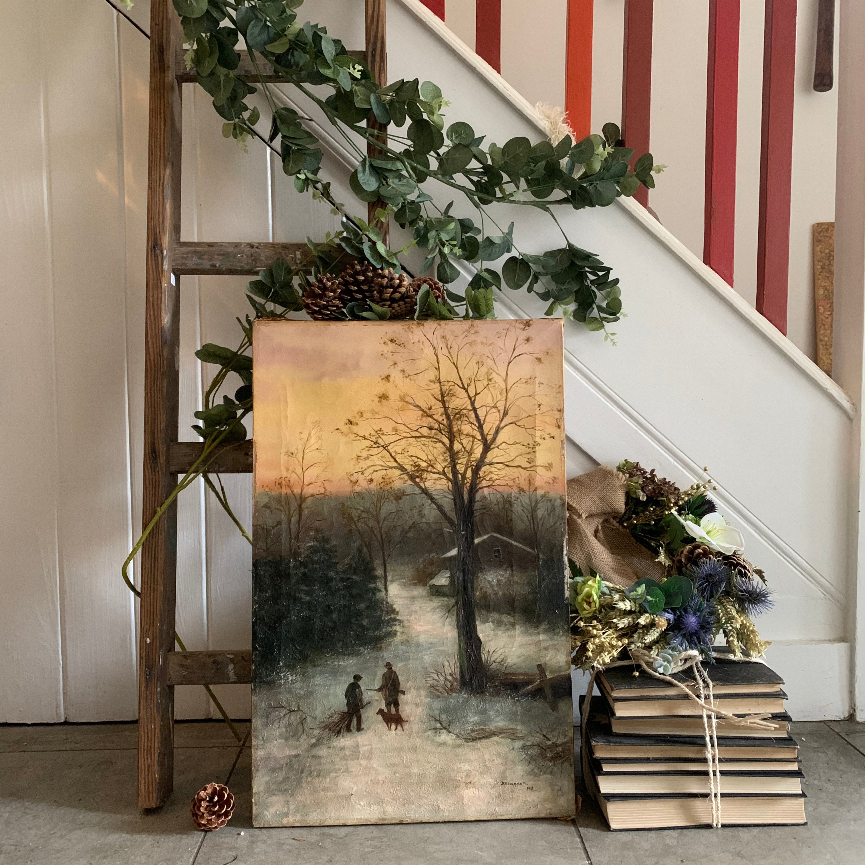 Antique Oil on Canvas: Wintry Forest