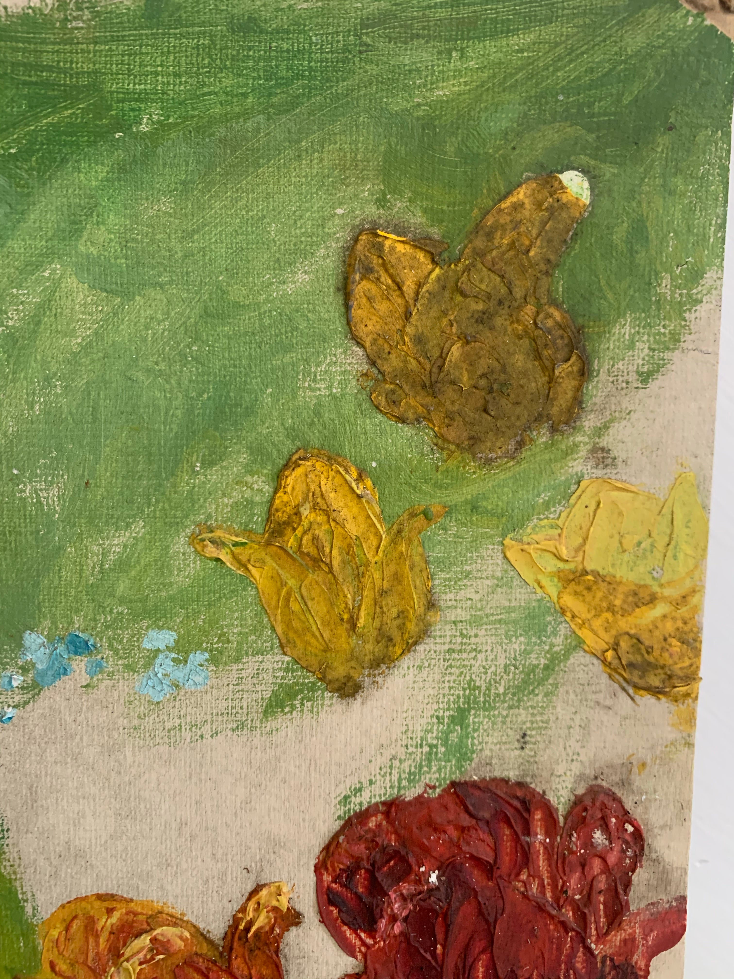 Red & Yellow Floral Burst: Narrow Vintage Oil on Board