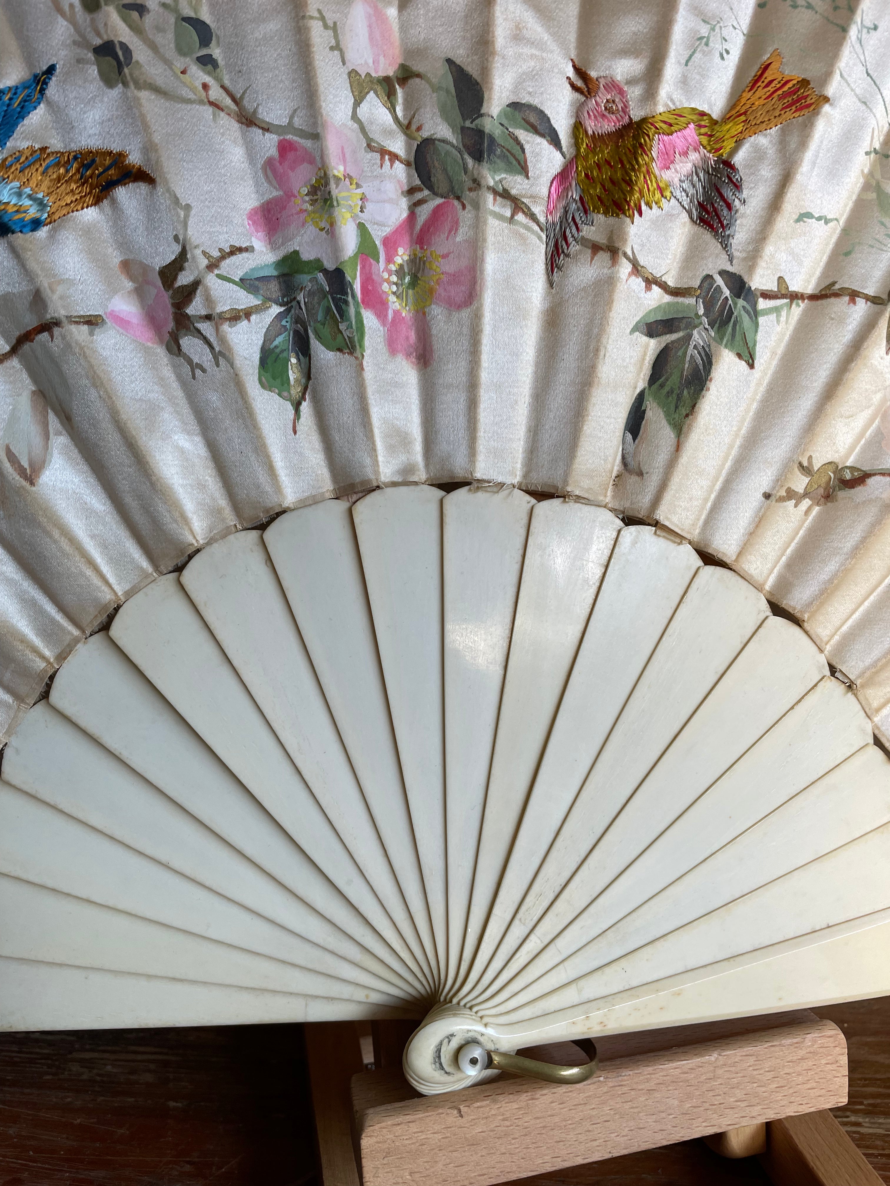19th Century Hand Embroidered, Painted Silk Fan