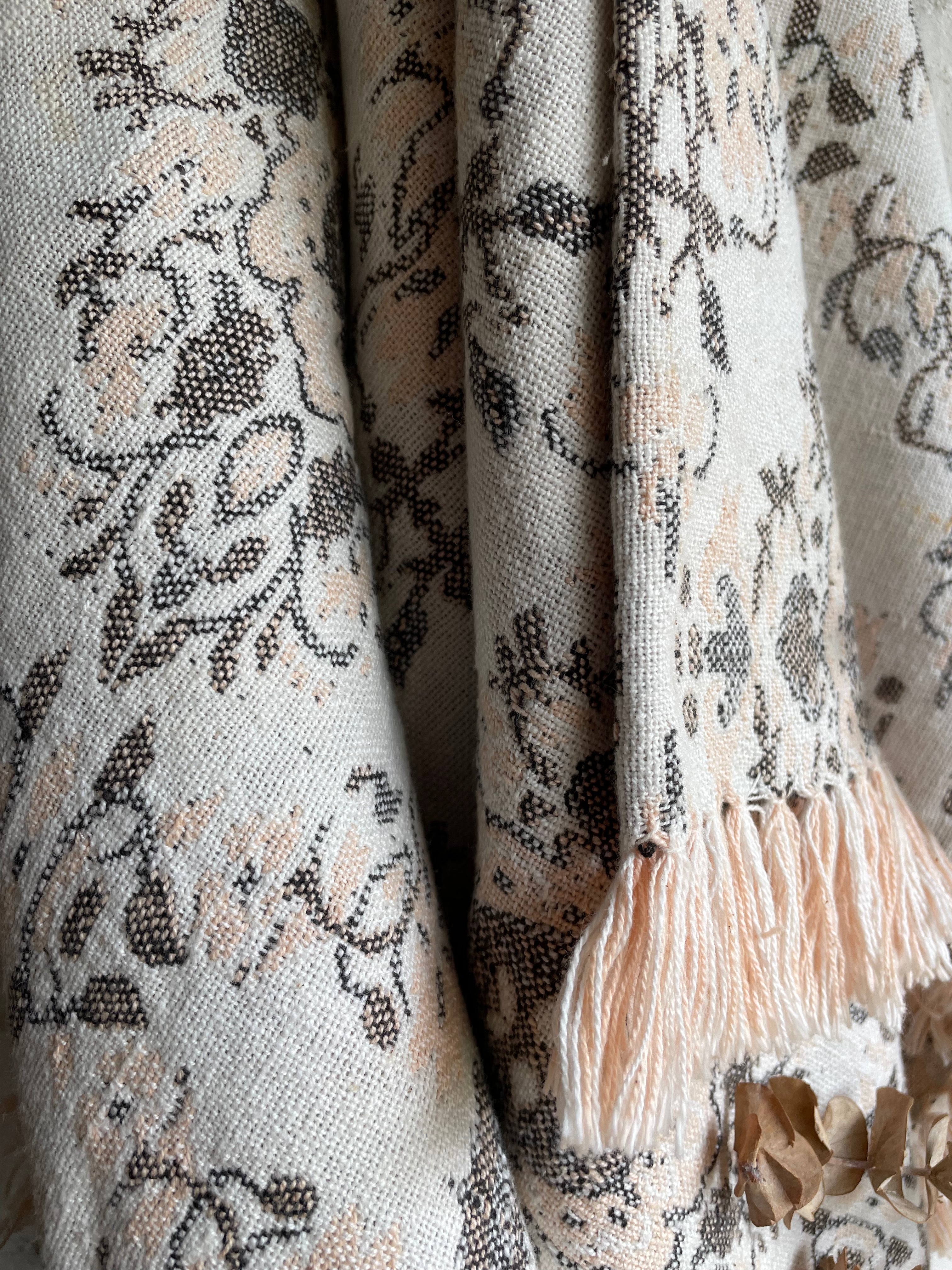 Coral Pink and Grey Embroidered Throw with Fringing