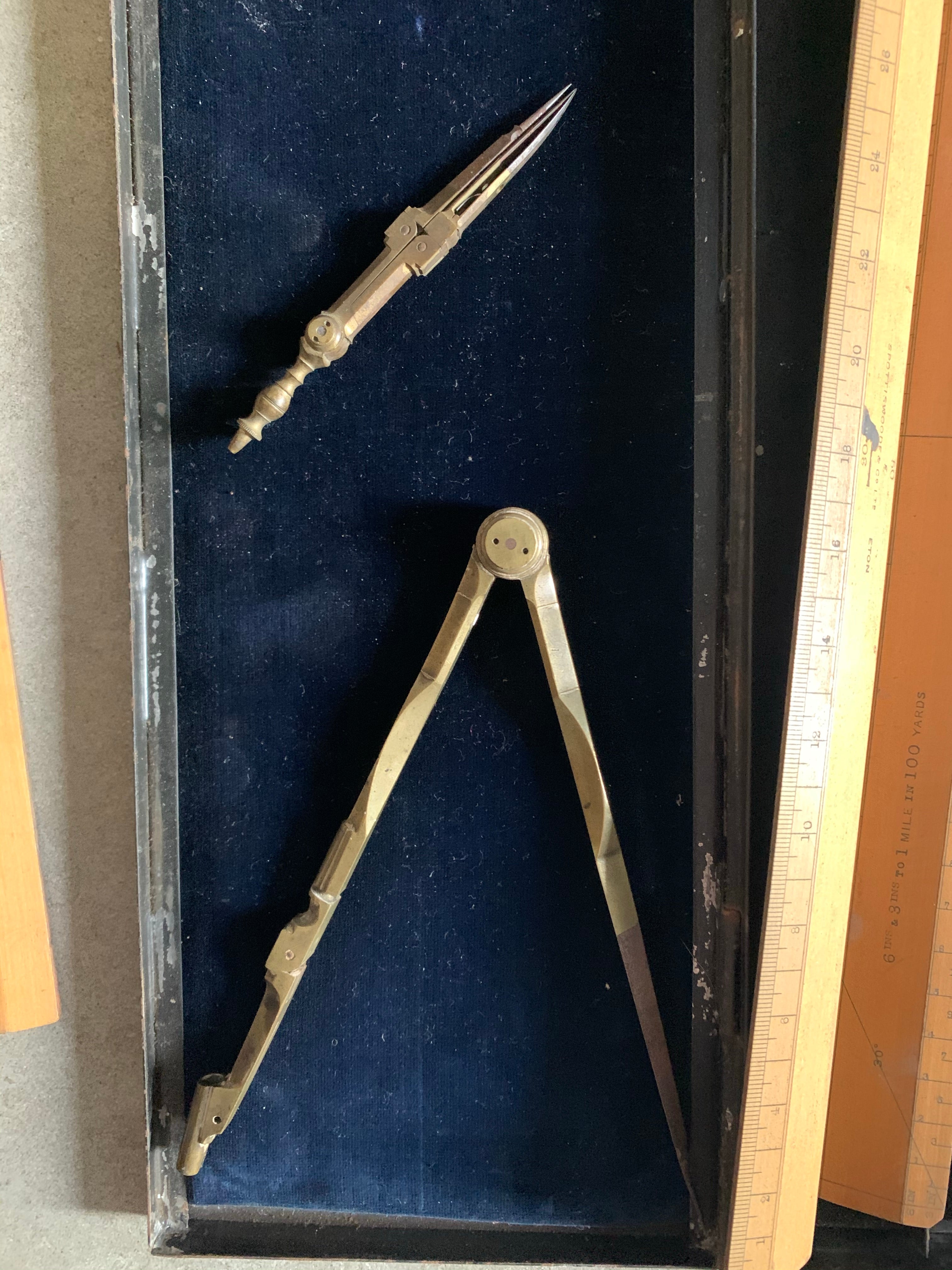 Vintage Maths Set with 6 wood rulers in Metal Case