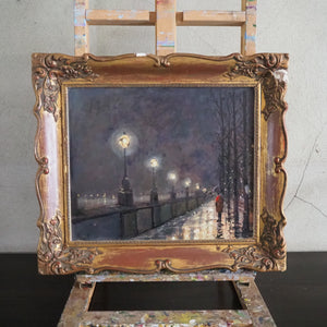 Night Scene: Small Oil on Board with Gesso Frame