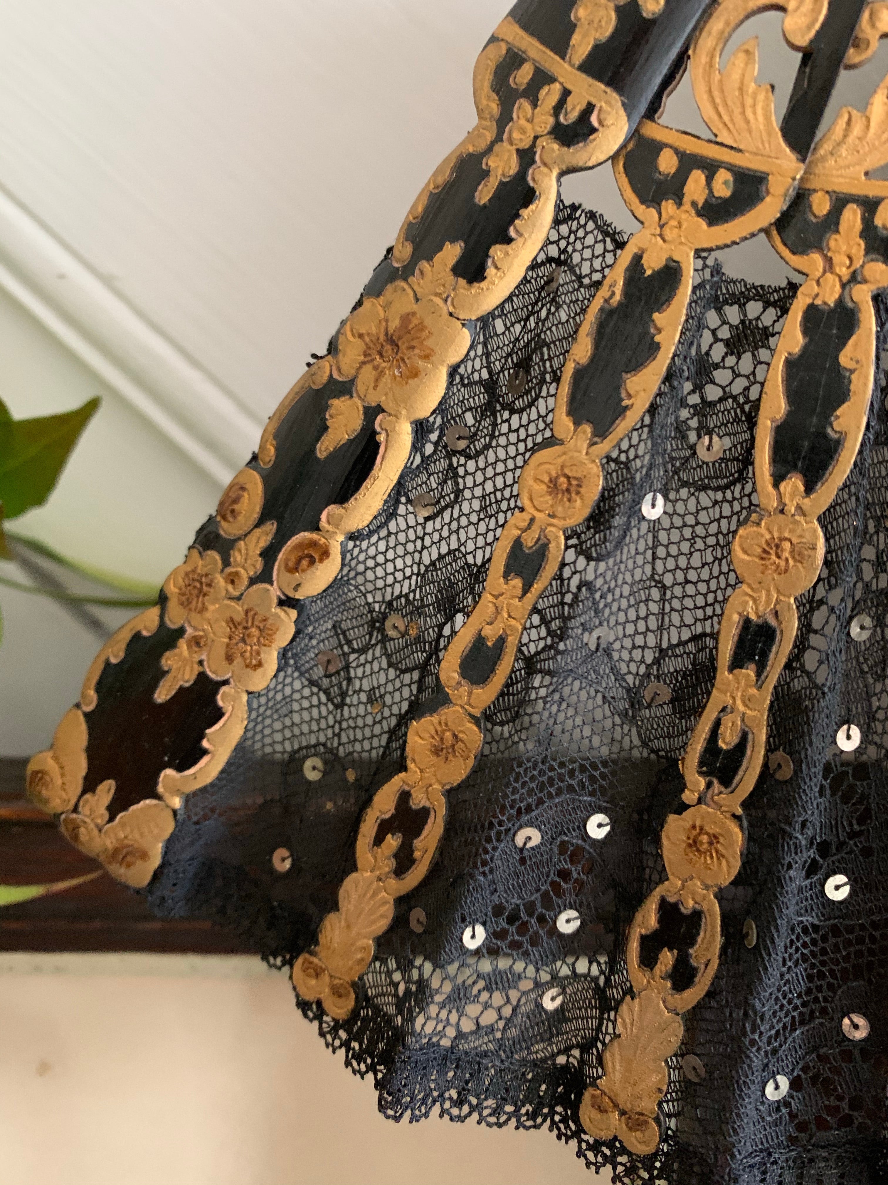 Black Lace, Gold and Sequin Fan