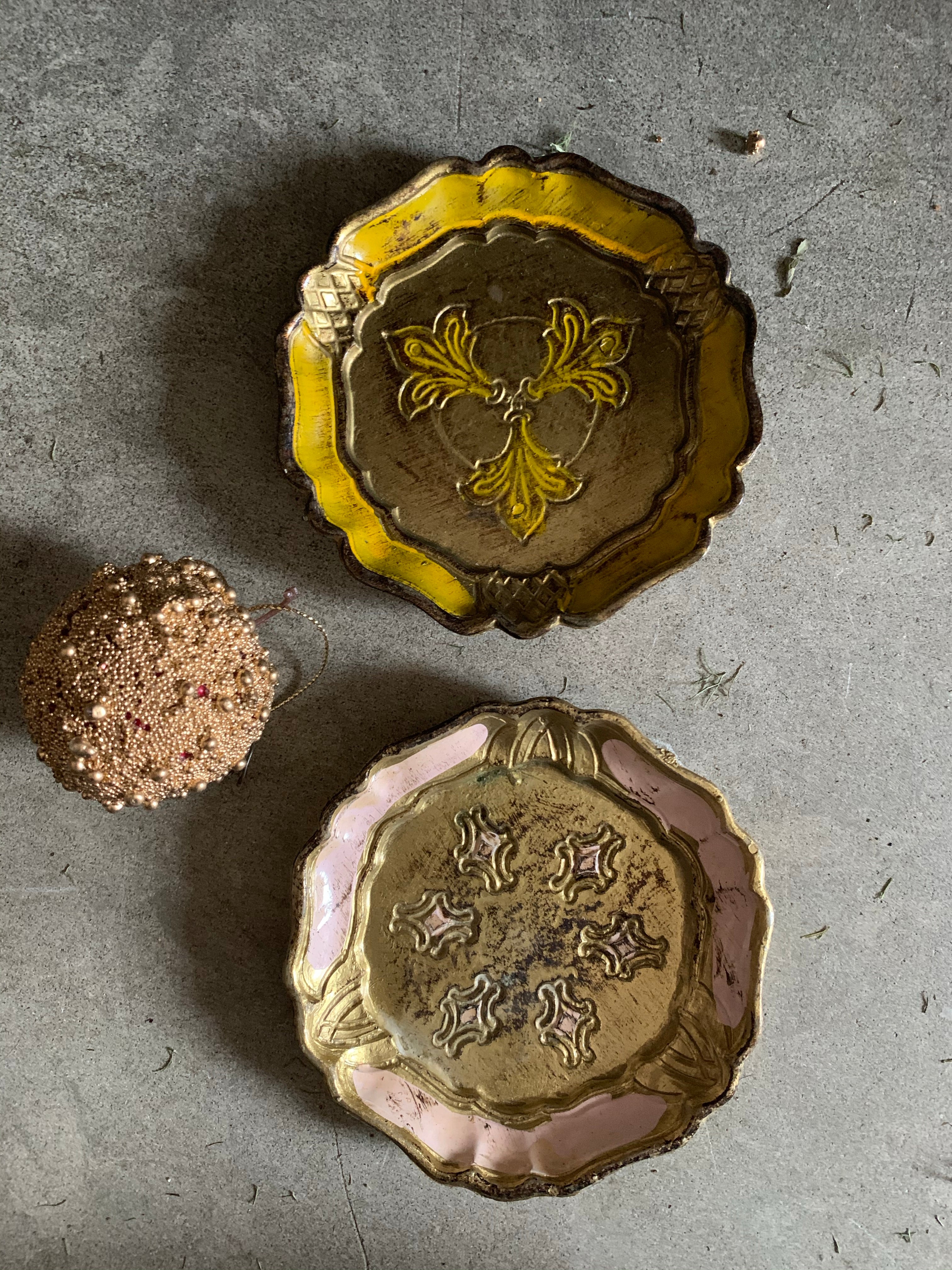 Set of Two Vintage Italian Florentine Coasters - Pink & Yellow