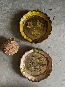 Set of Two Vintage Italian Florentine Coasters - Pink & Yellow