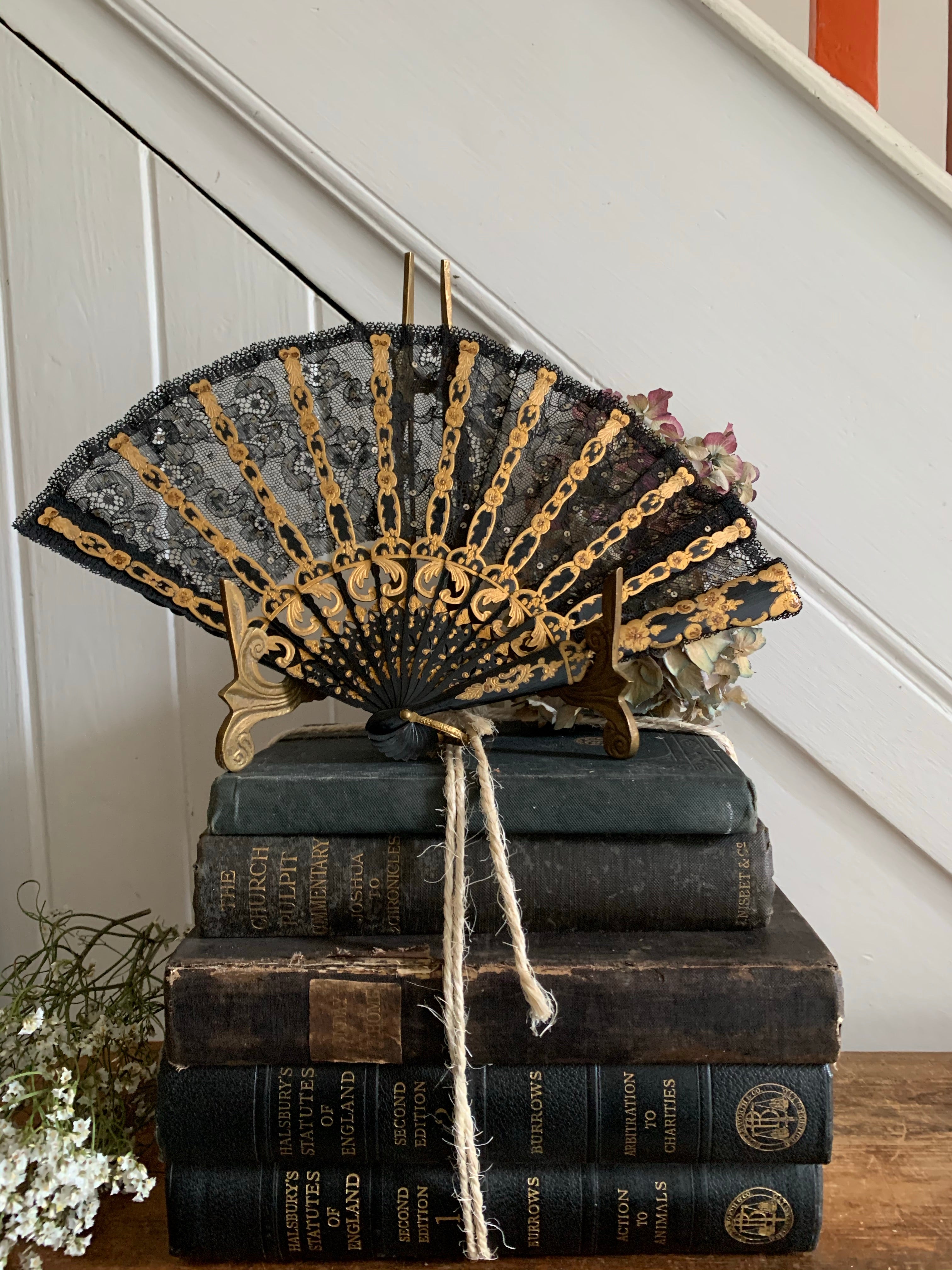 Black Lace, Gold and Sequin Fan