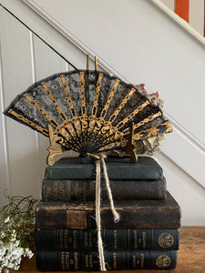Black Lace, Gold and Sequin Fan