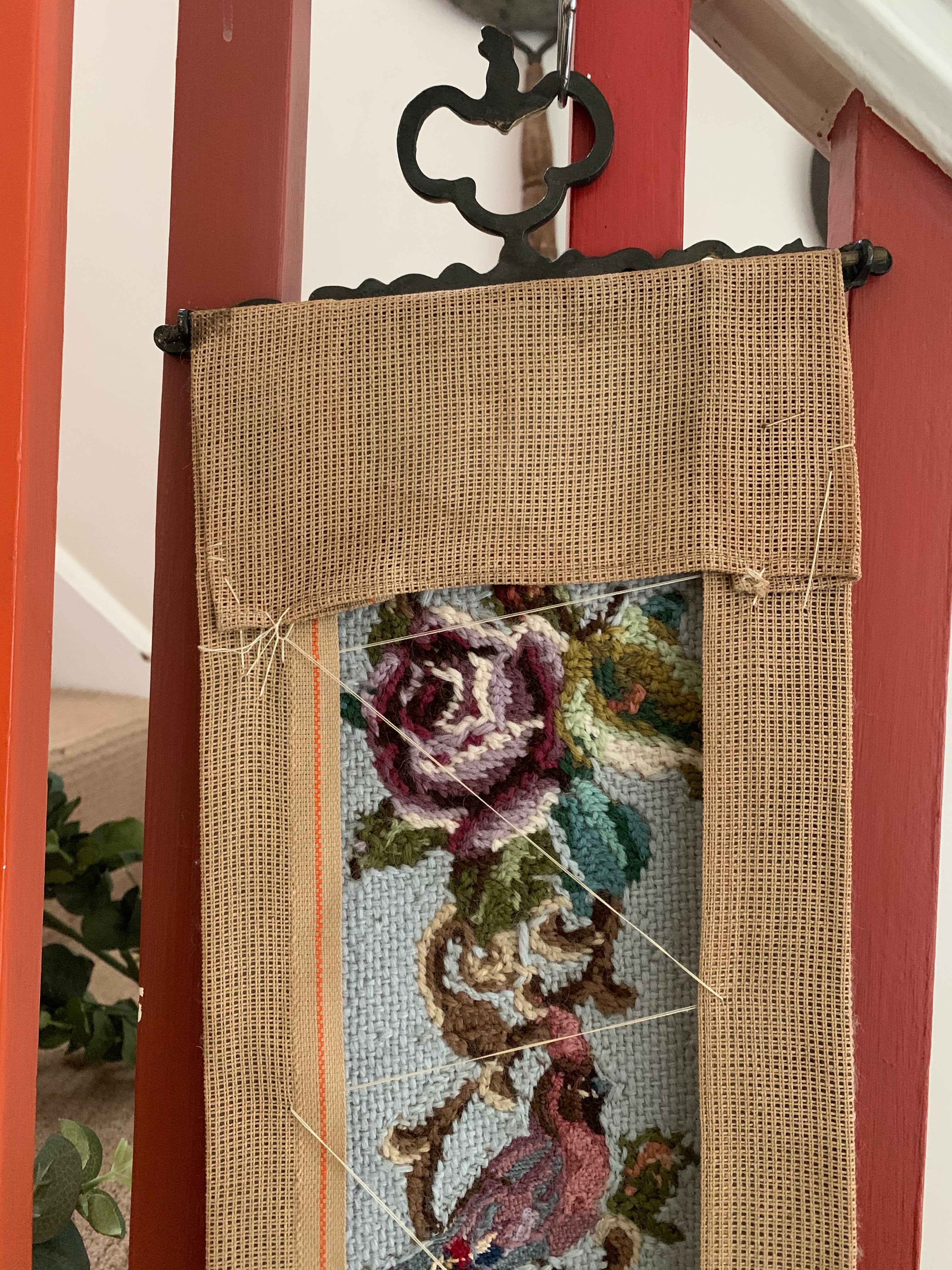 Tapestry Wall Hanging of Birds & Flowers with Decorative Gilt Ends