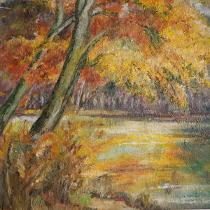 Ochre Treescape: Midcentury Oil on Board