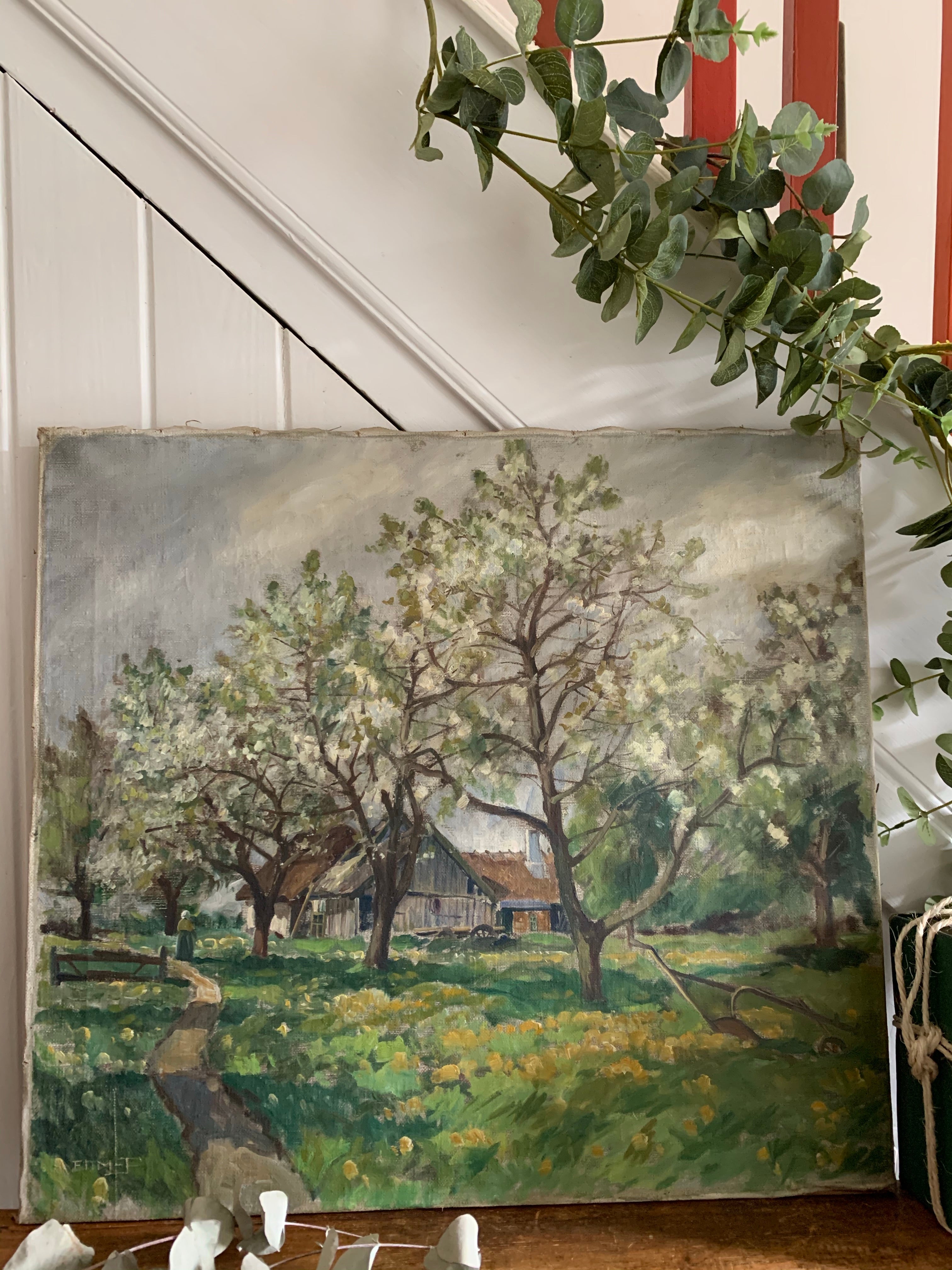 A glimpse of a cottage through the trees:  Large Oil on Canvas