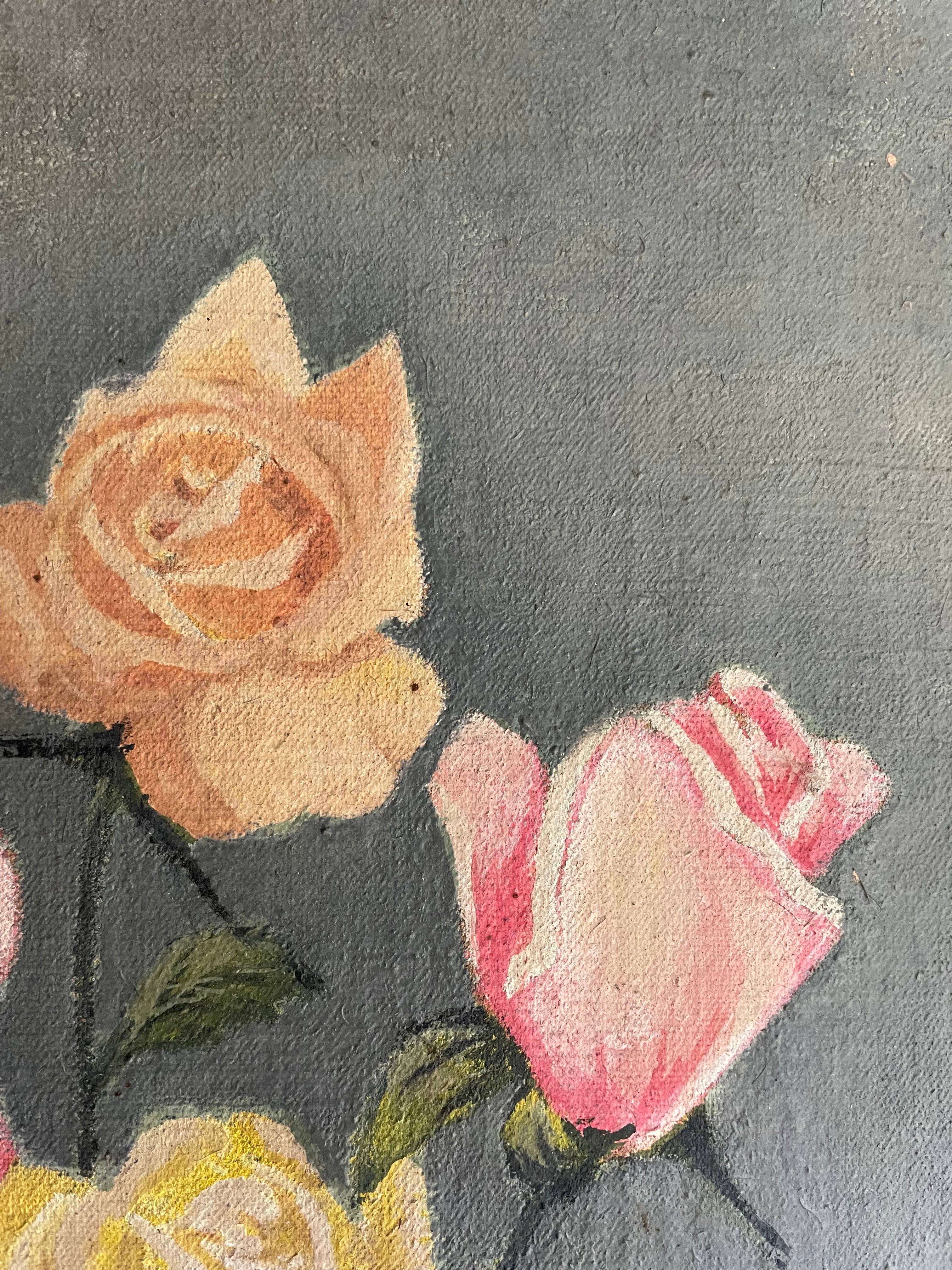 Large French Oil on Canvas of Yellow & Pink Roses