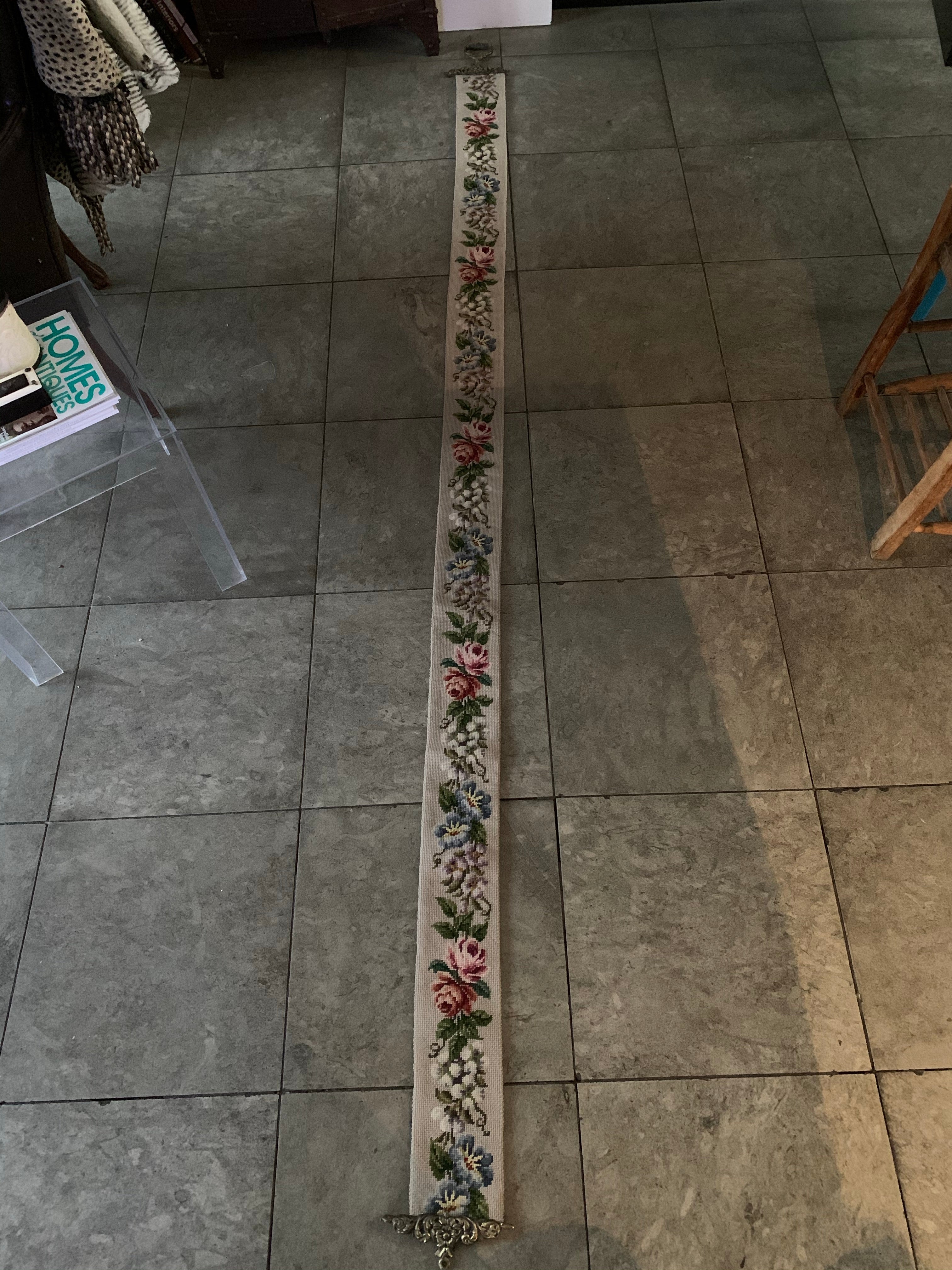Very Long Antique Tapestry Wall Hanging/Bell Pull with Gilt Ends