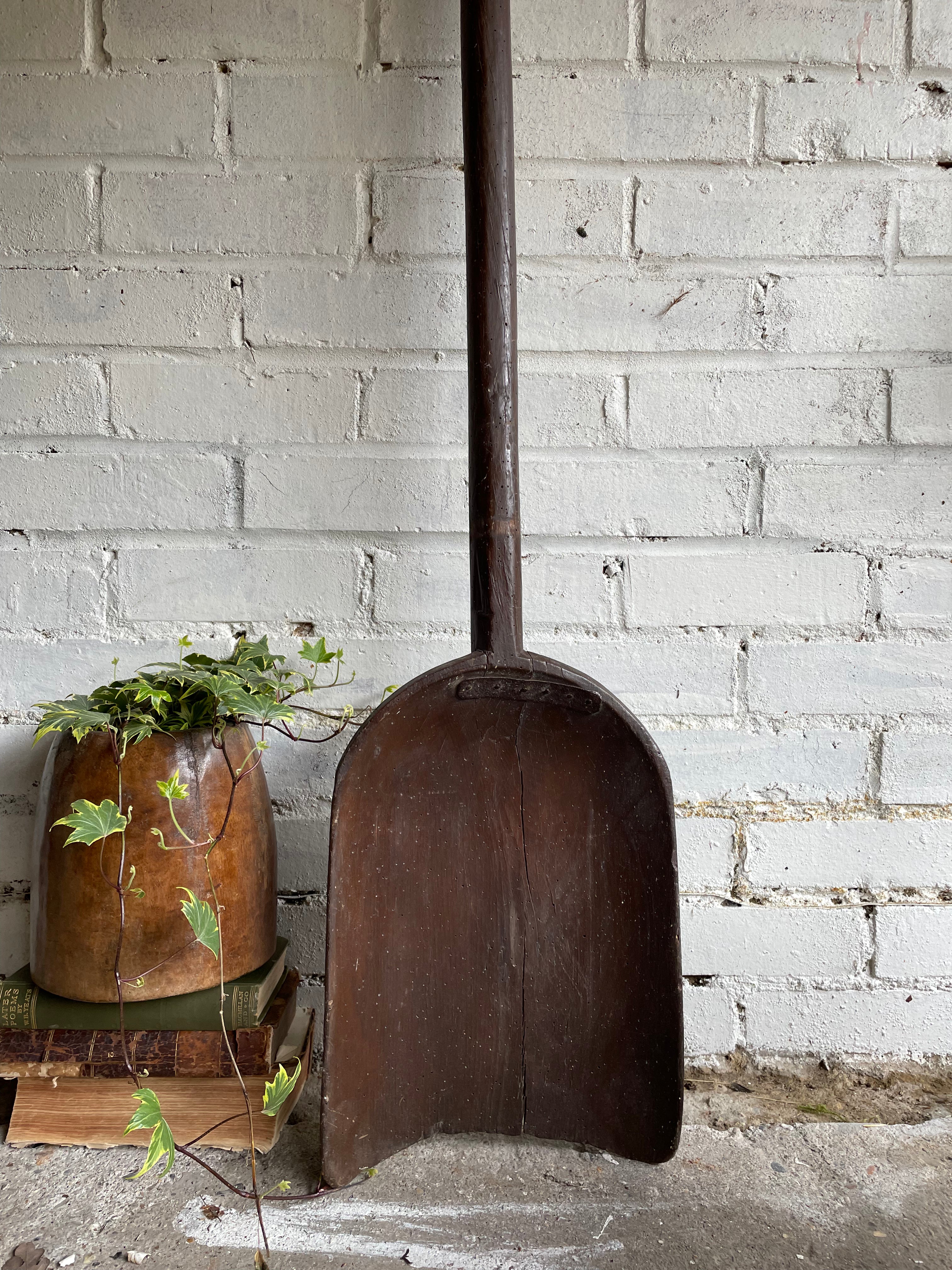 Large Antique Handcarved Malt Shovel with Iron Detail