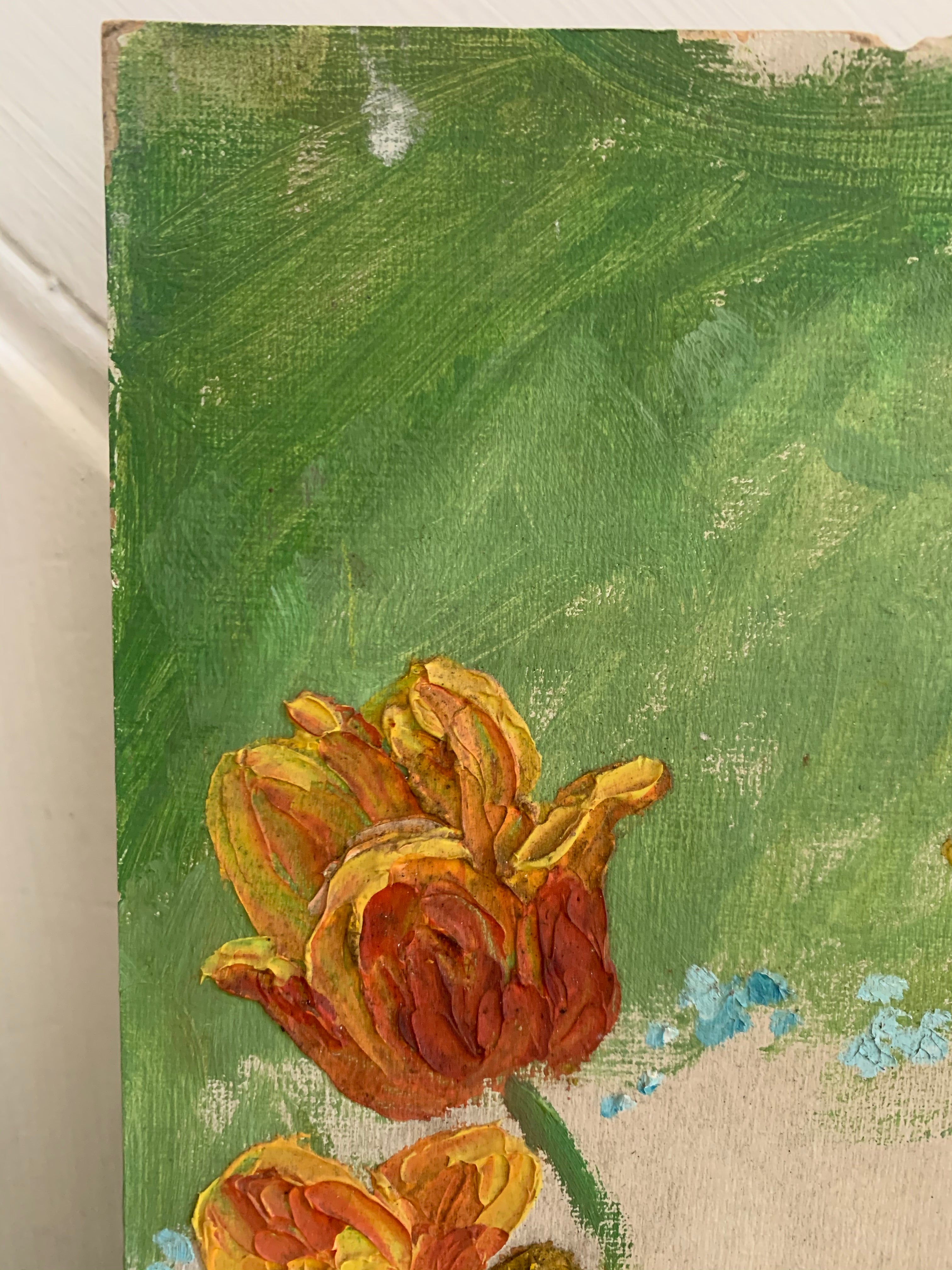 Red & Yellow Floral Burst: Narrow Vintage Oil on Board