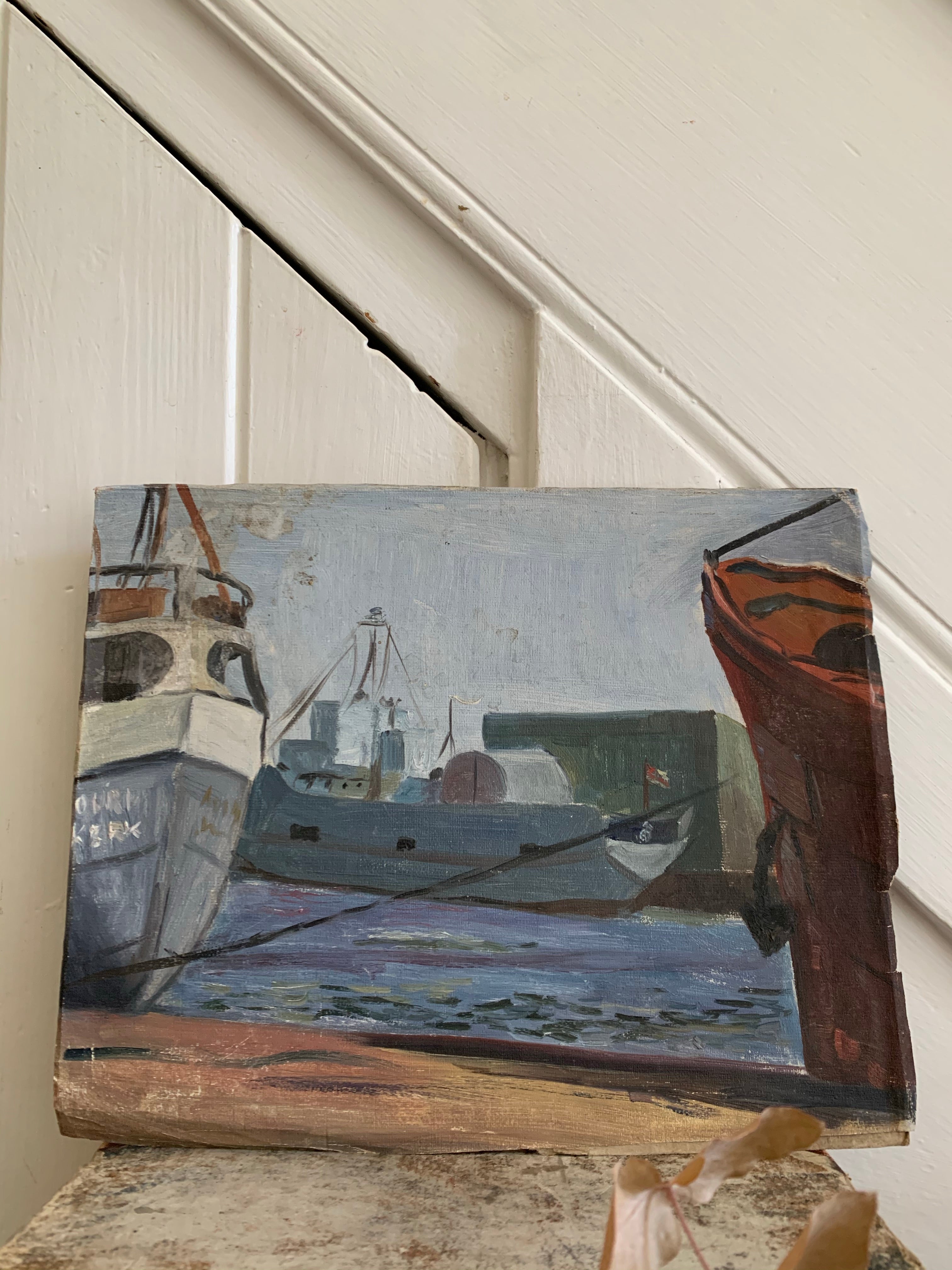 Harbour Scene: Small Oil on Paper & Board