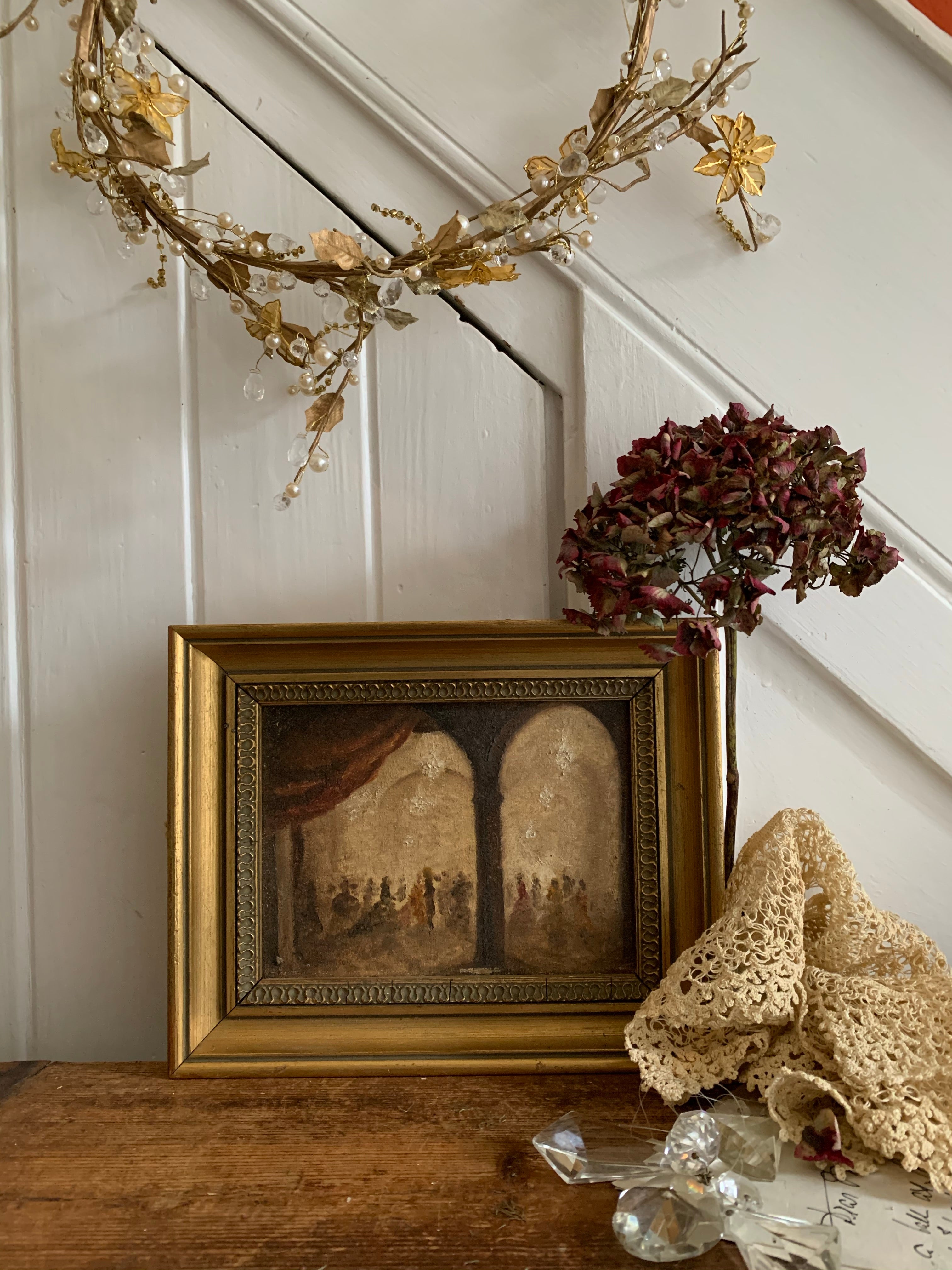 Little Antique Oil of a Ballroom with Gilt Frame