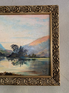 A Lake at Sunset:  Signed Oil on Canvas