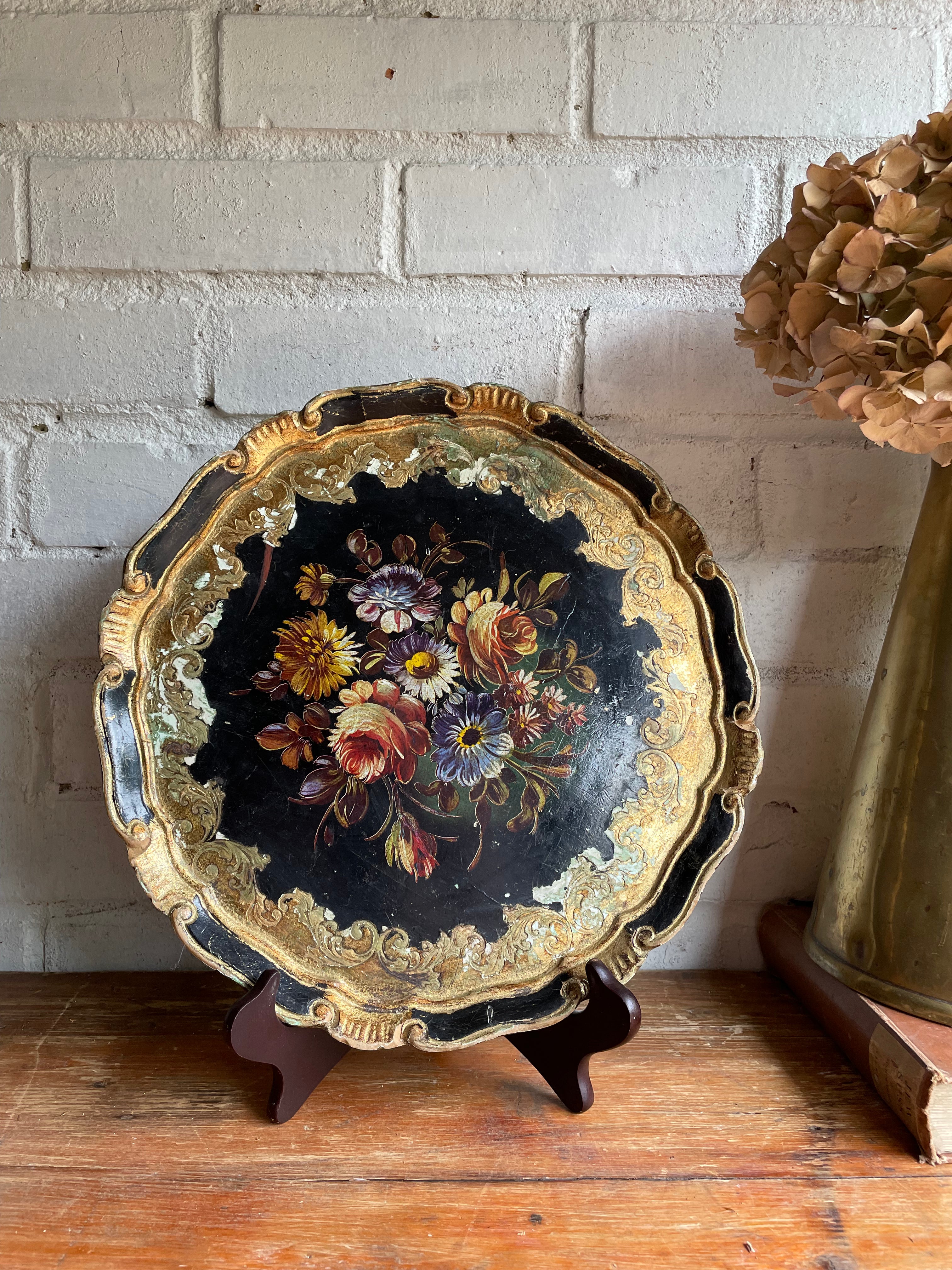 Floral Florentine Tray in Black & Gold