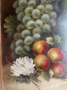 Vintage Floral & Fruit Still Life:  Oil on Board