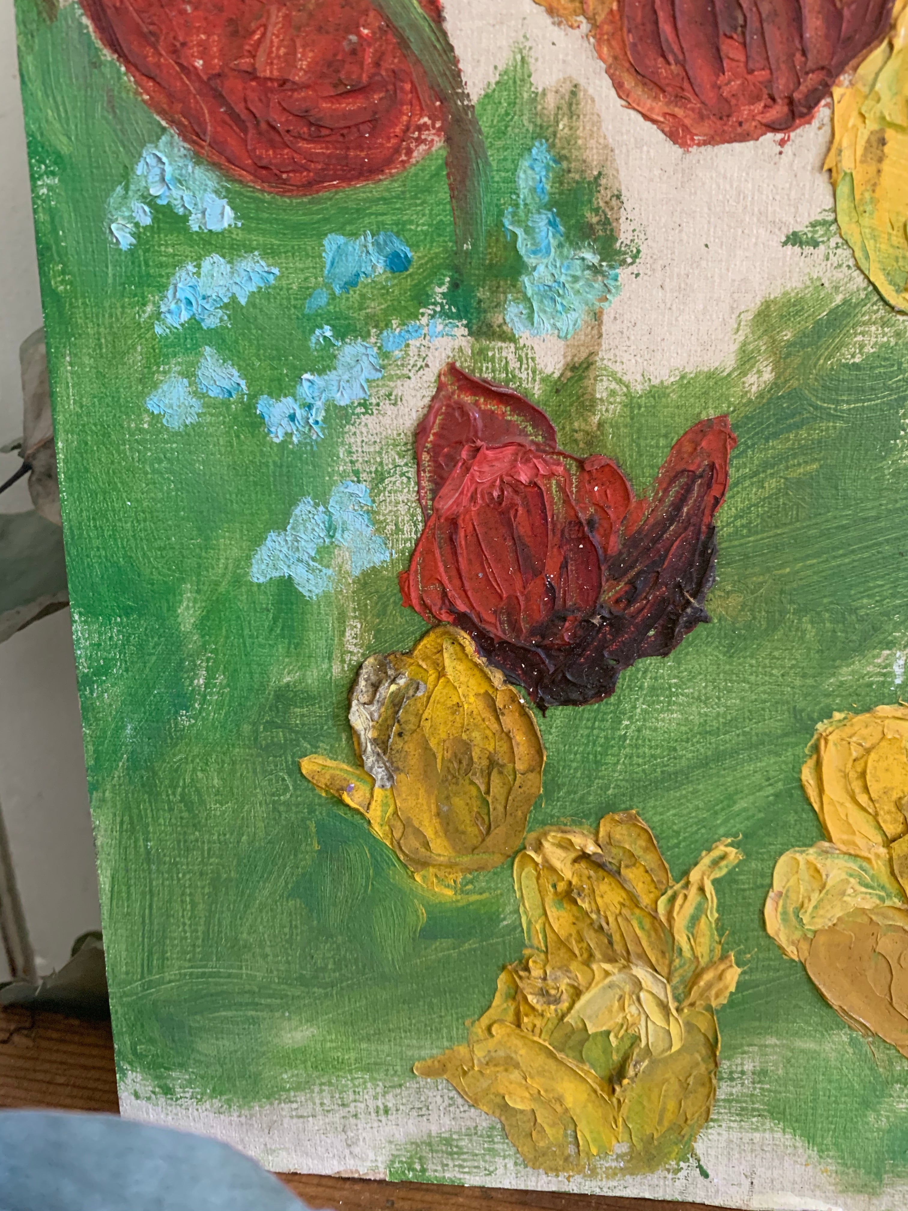 Red & Yellow Floral Burst: Narrow Vintage Oil on Board