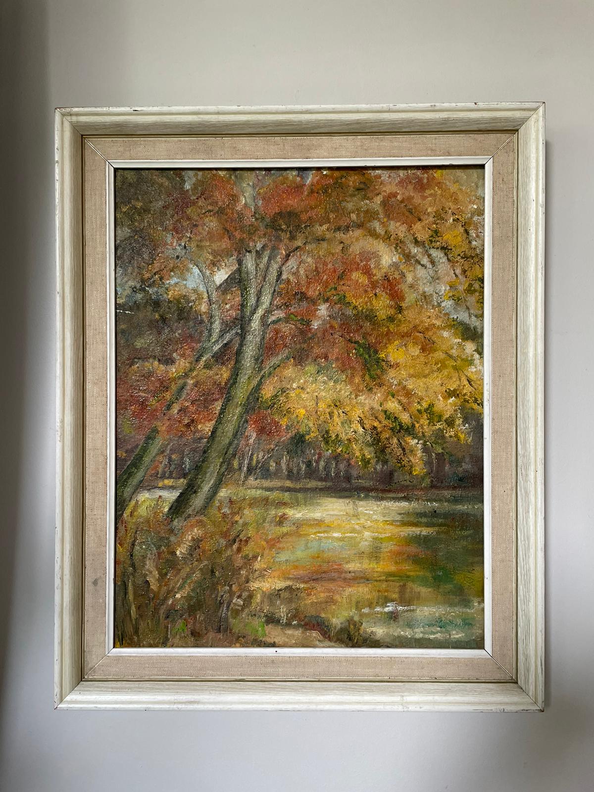 Ochre Treescape: Midcentury Oil on Board