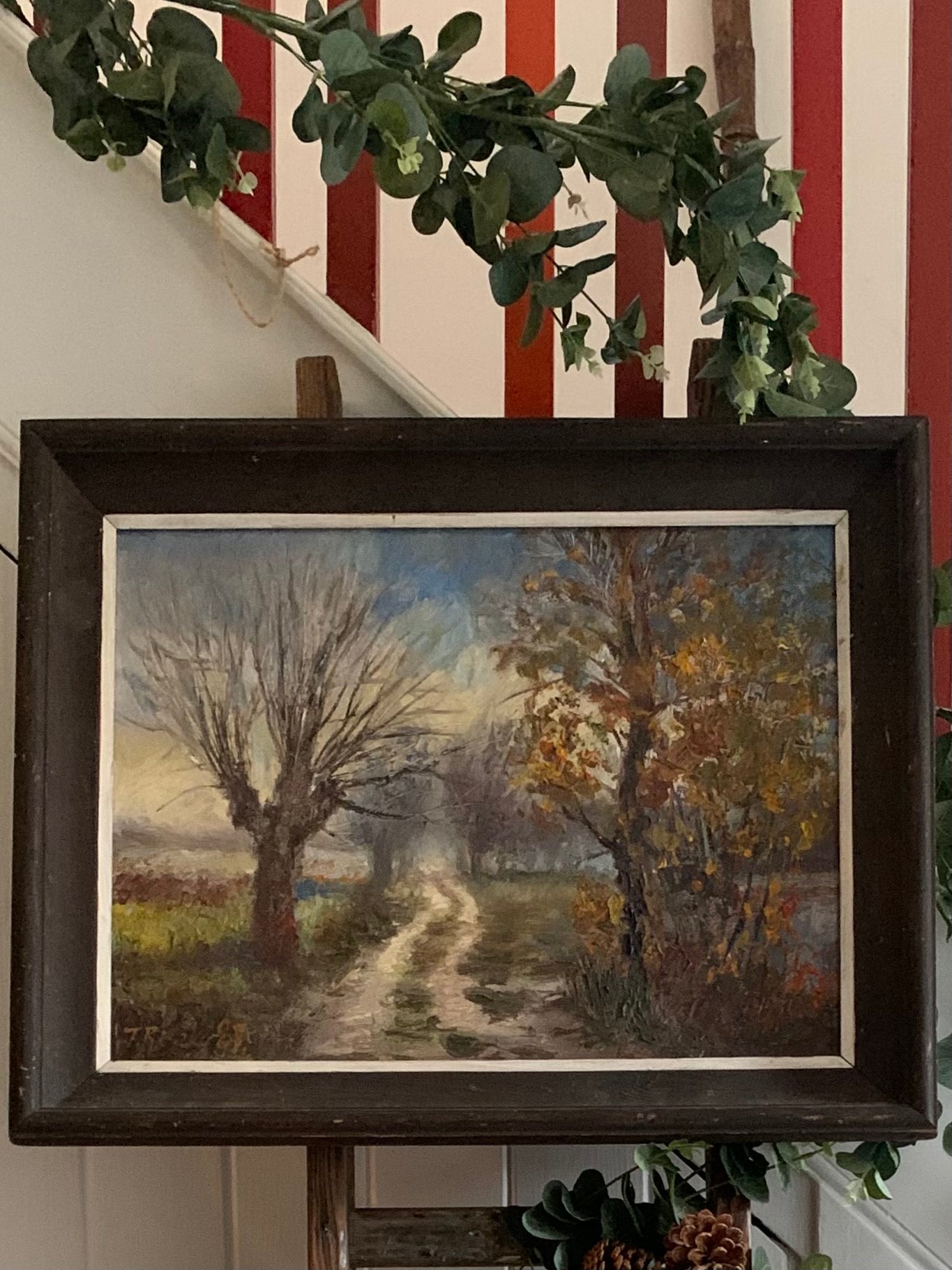 Midcentury Oil on Canvas: A path through the trees
