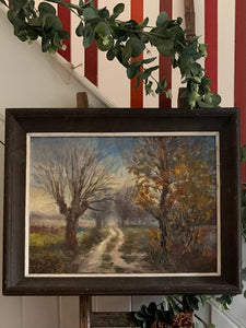 Midcentury Oil on Canvas: A path through the trees
