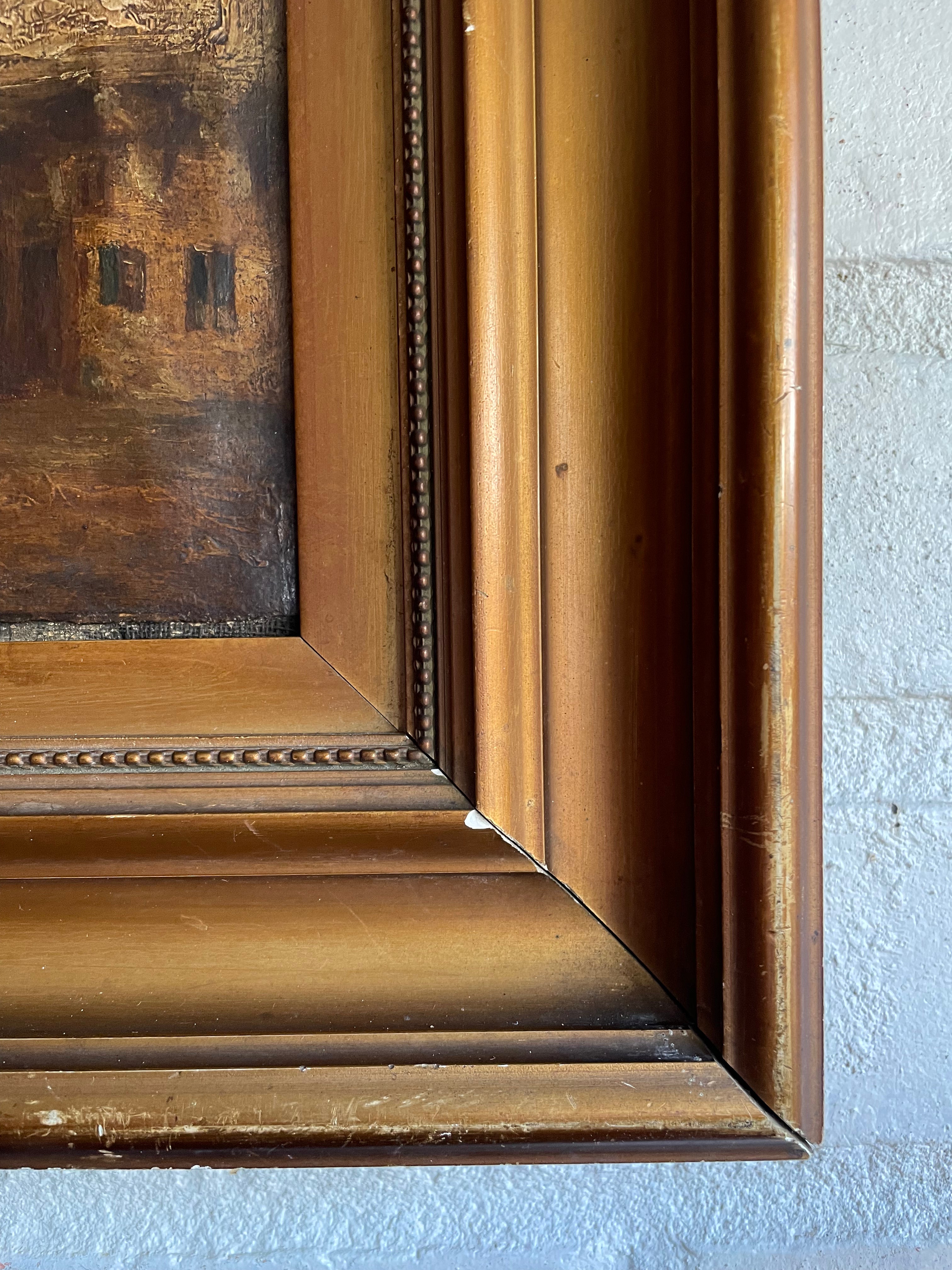 Village Scene: Antique Oil on Leather