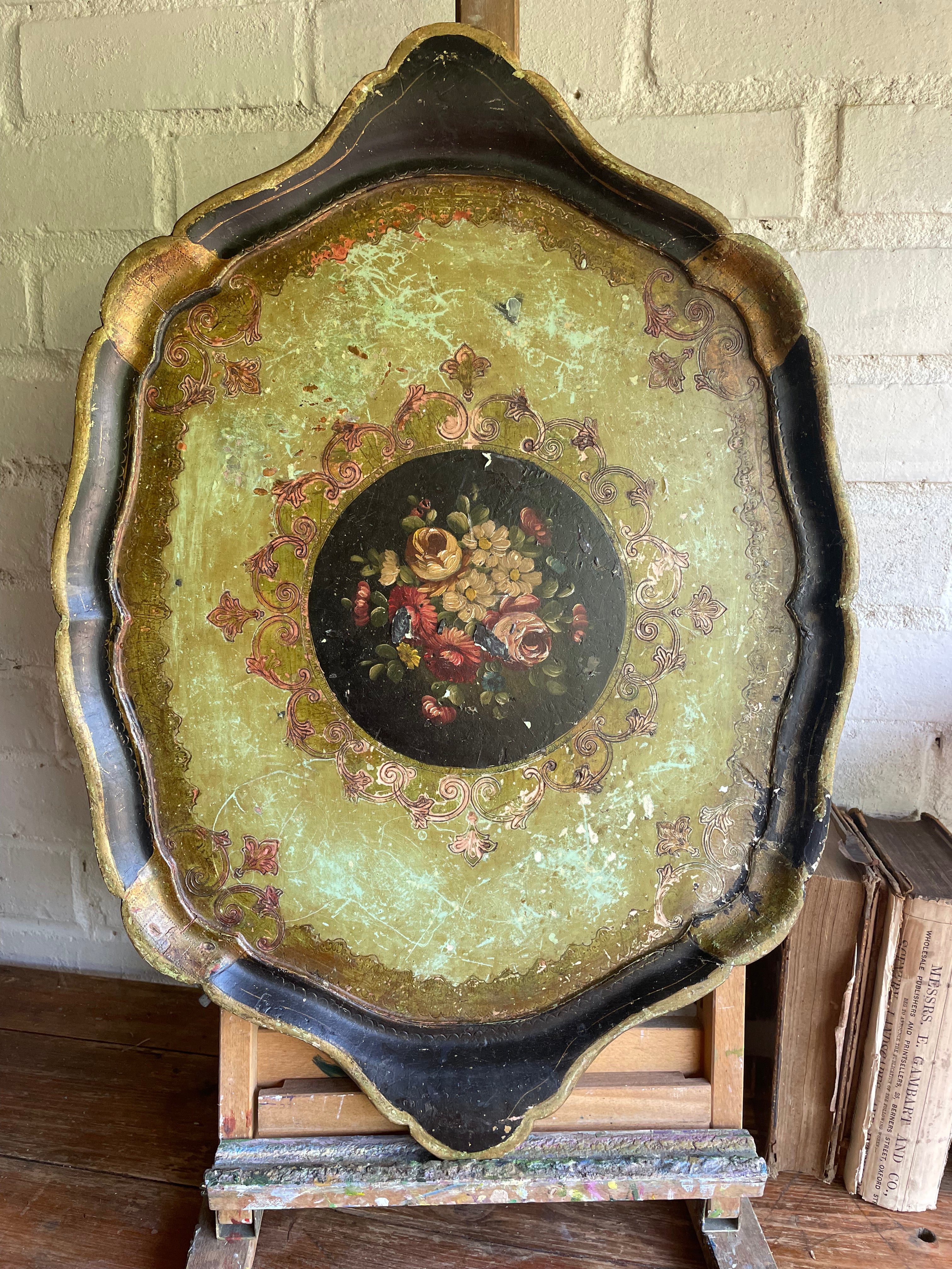 Florentine Tray with black and green florals