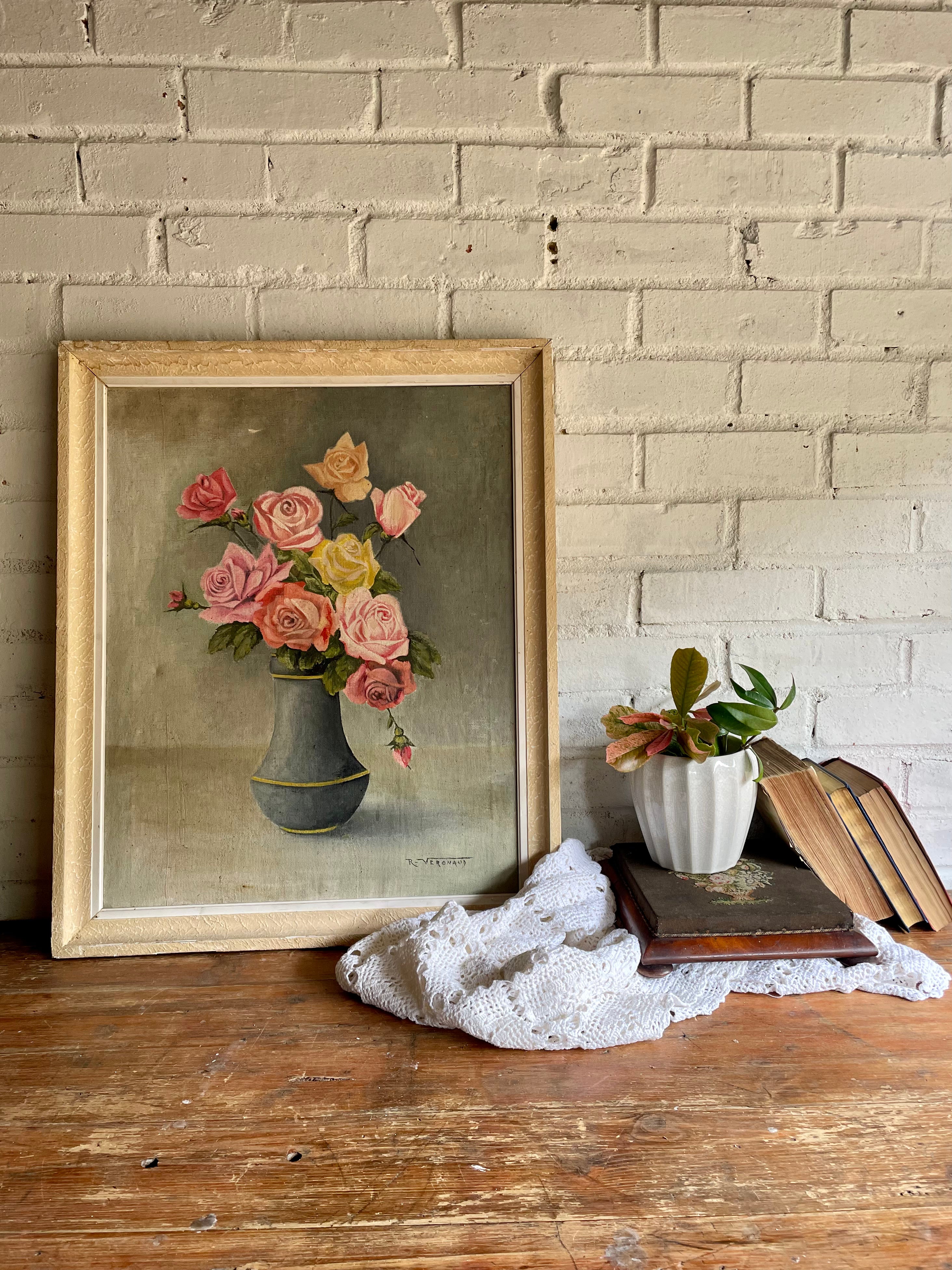 Large French Oil on Canvas of Yellow & Pink Roses