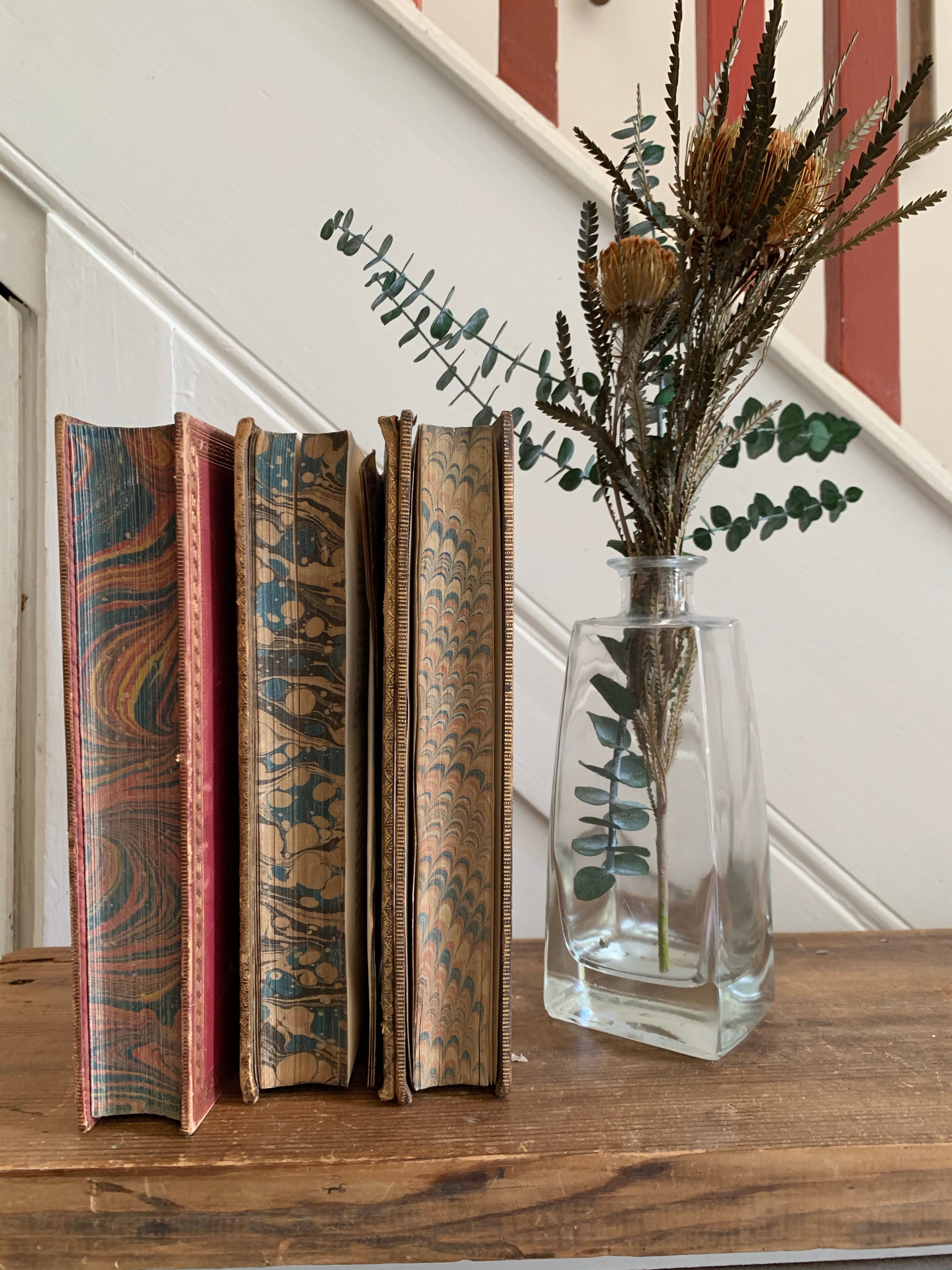 Trio of Old Marbled Books with Leather Spines