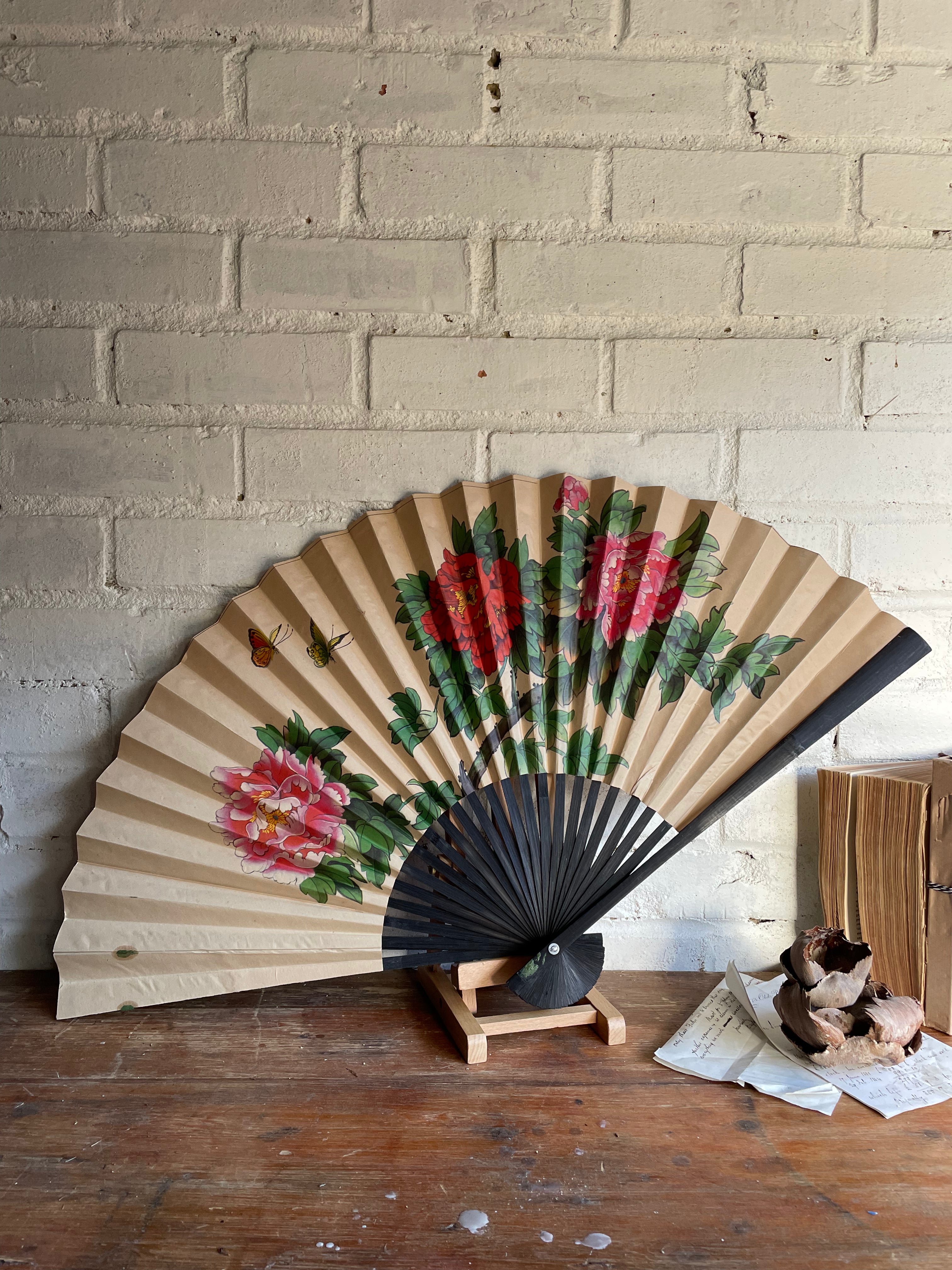 Large Vintage Paper and Wood Fan