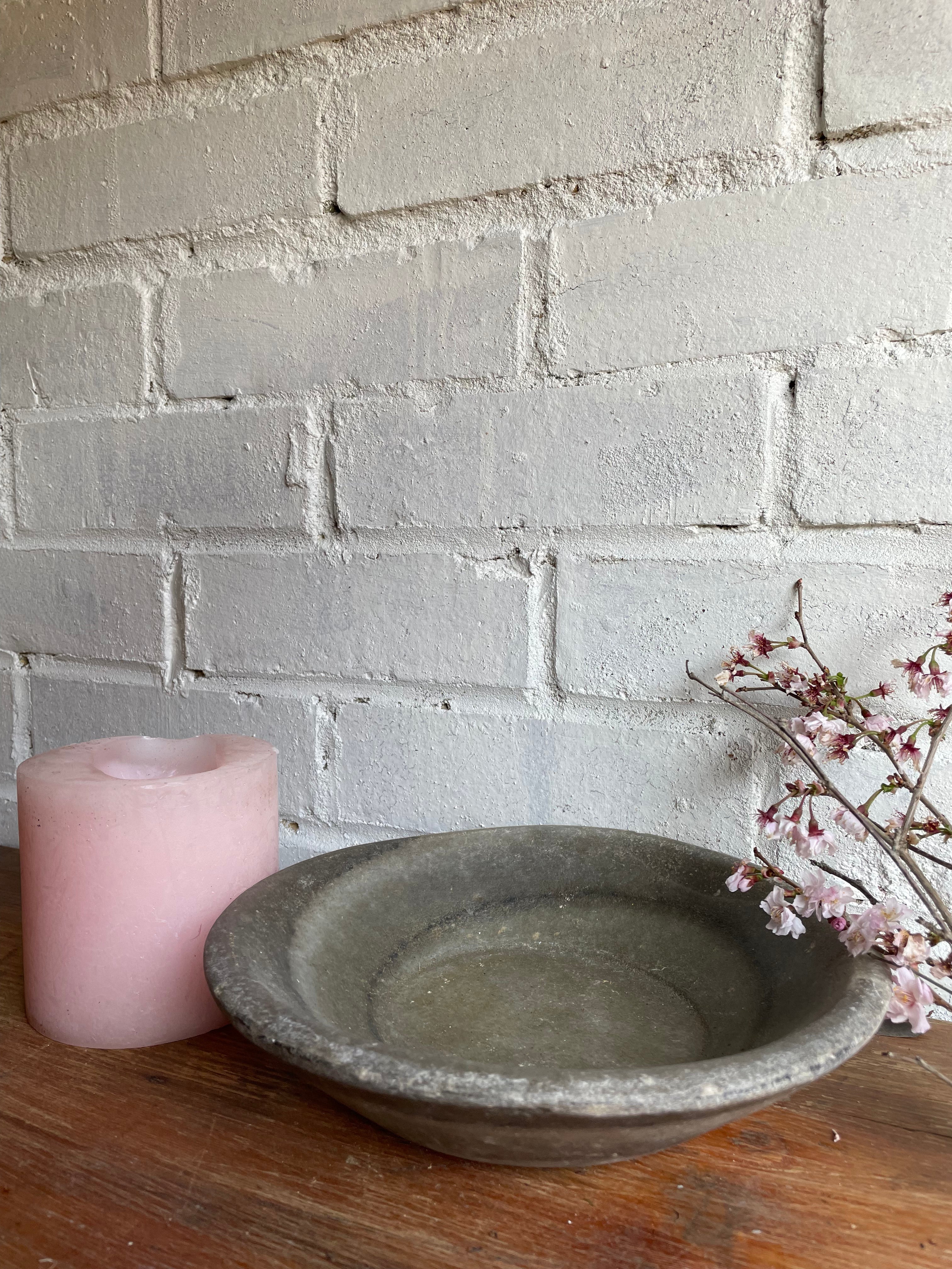 Antique Marble Stone Bowl: Grey Hues