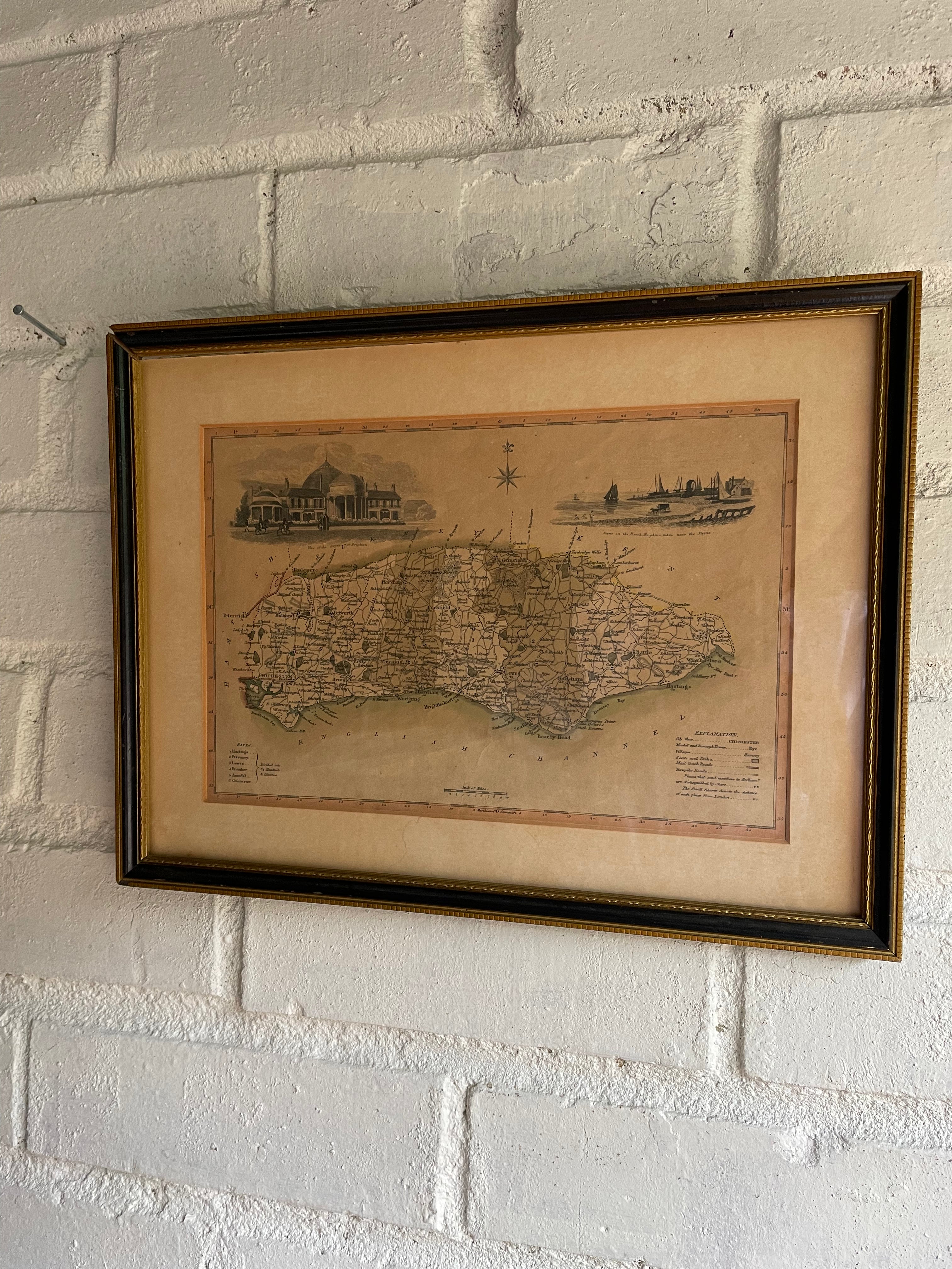 Framed 19th Century Hand-Coloured Map of Sussex