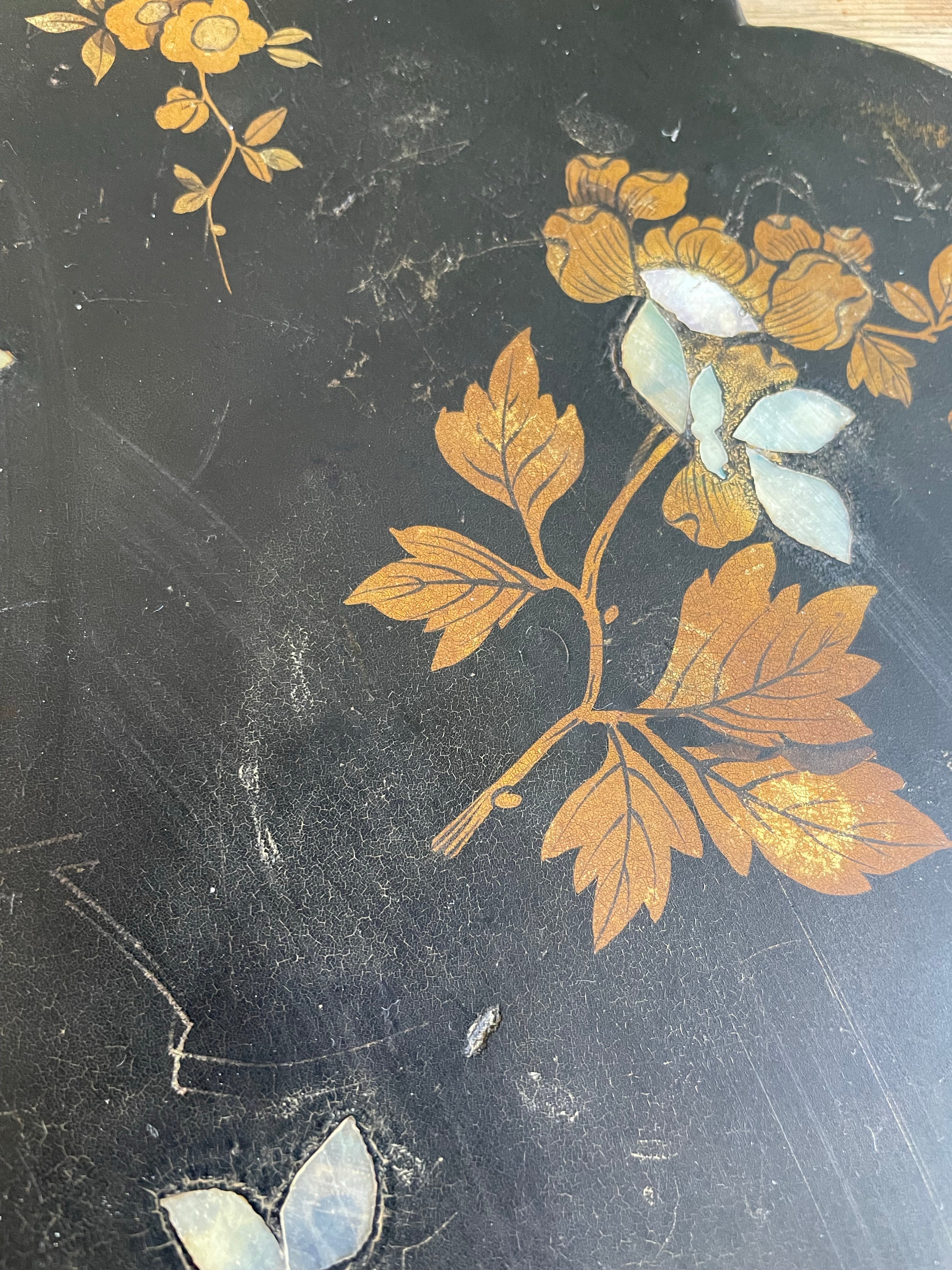 Antique Chinoiserie Panel with Mother of Pearl birds and gold leaf foliage