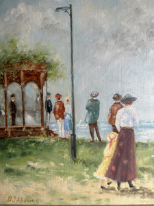 Edwardian Lakeside Scene: Vintage Oil on Board