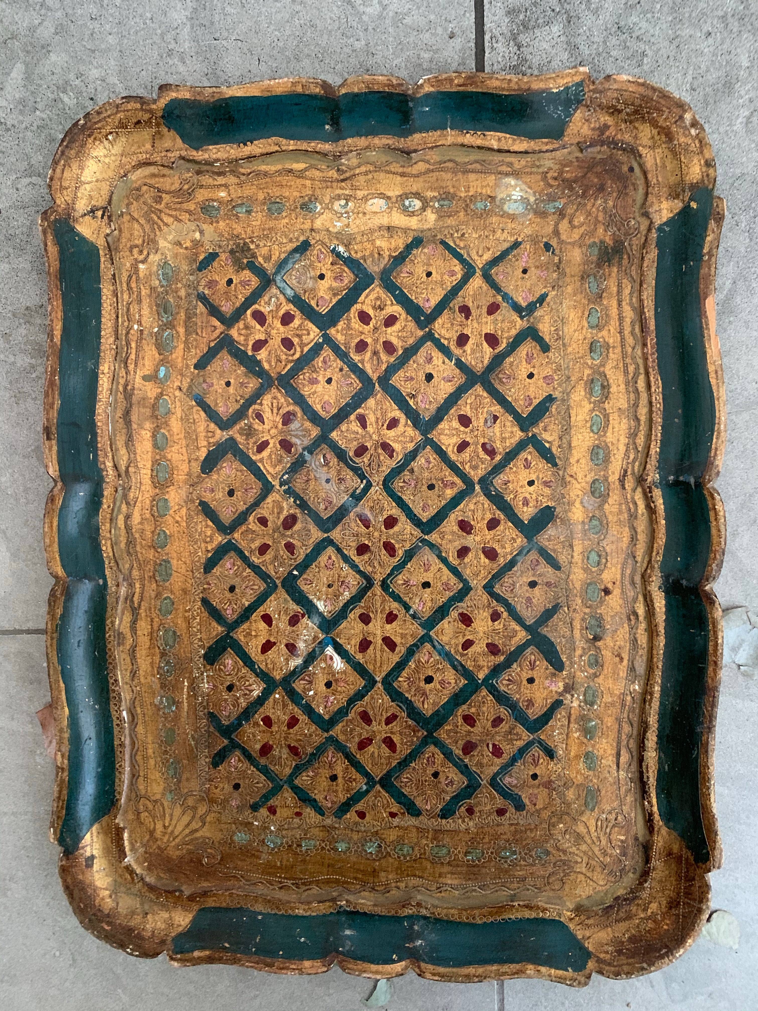 Florentine Wood Gilt Tray - Green & Gold