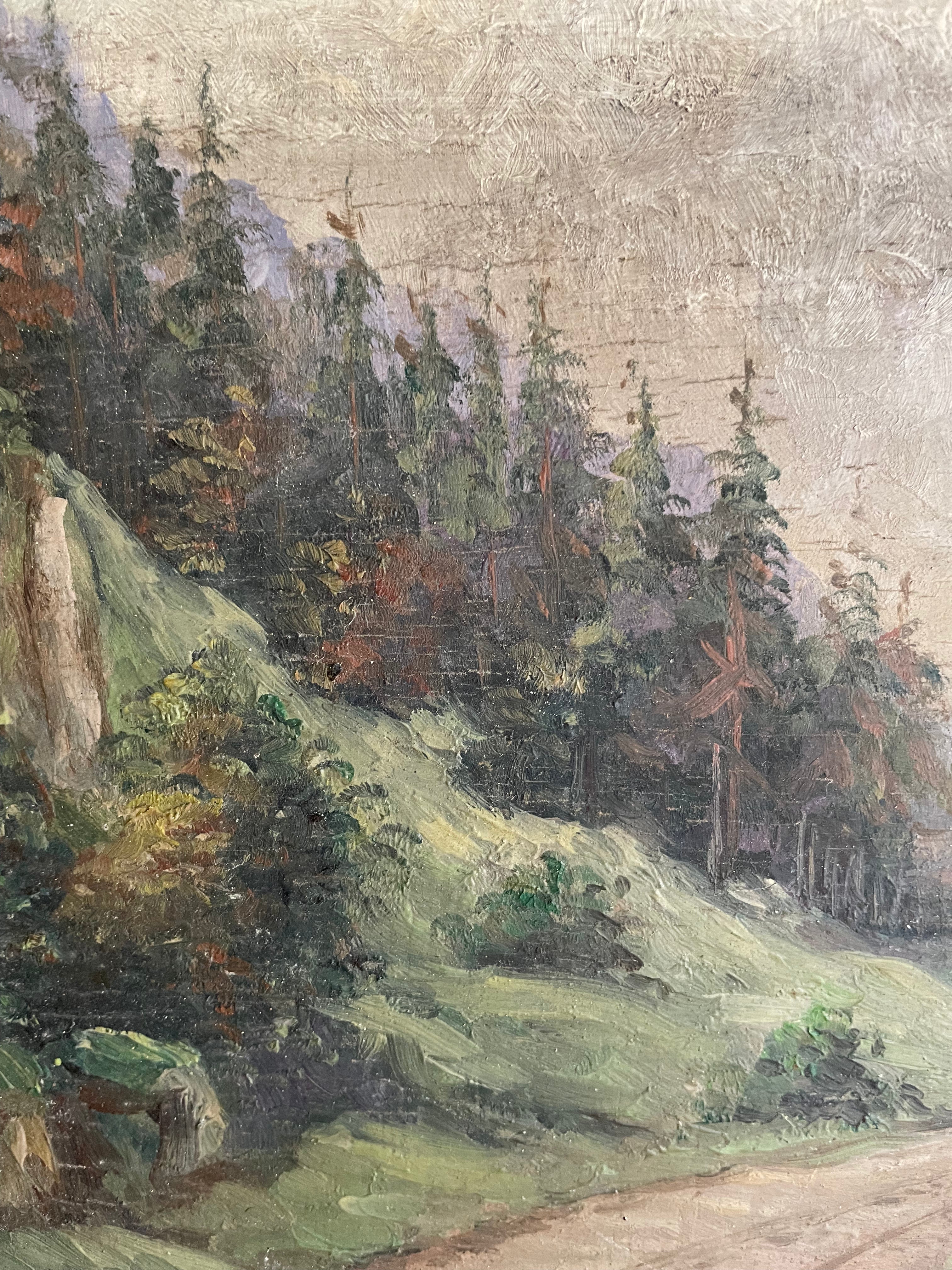 A Welsh Stream: Small Antique Signed Oil on Wood