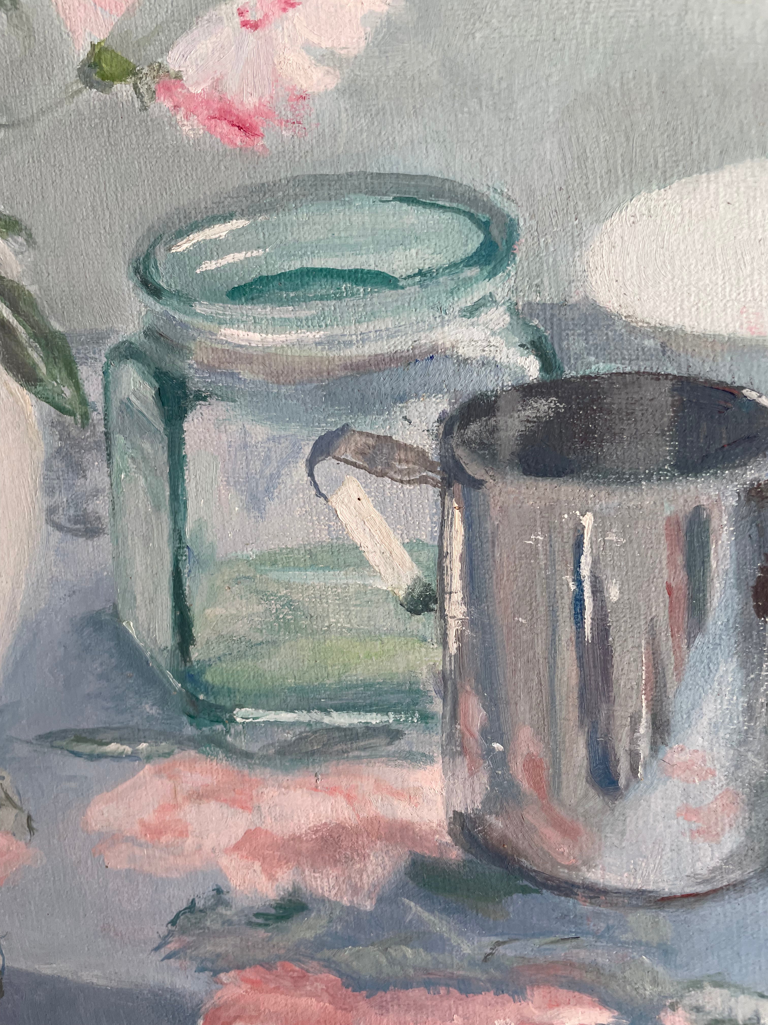 Still-Life Oil Painting with Floral Tablecloth