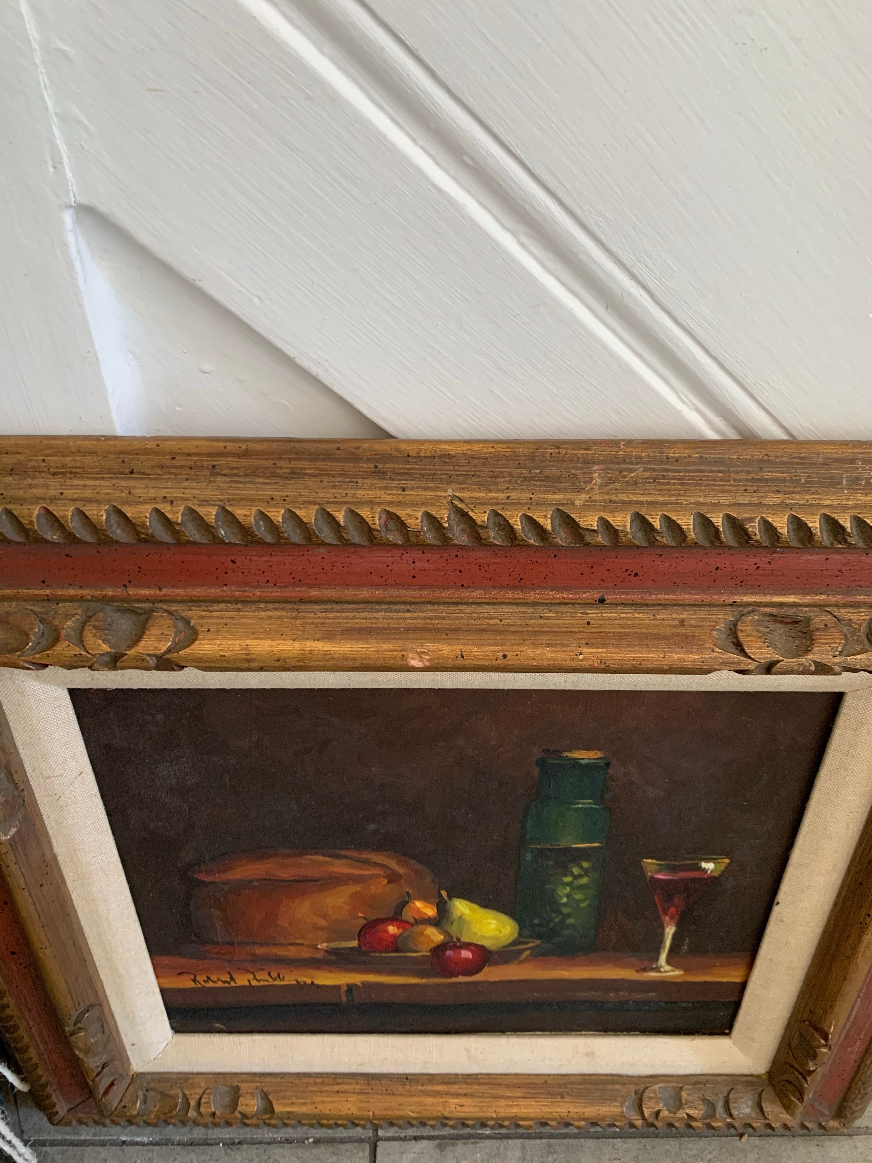 Still-Life with fruit, bread & wine: Gilt Framed Oil on Canvas