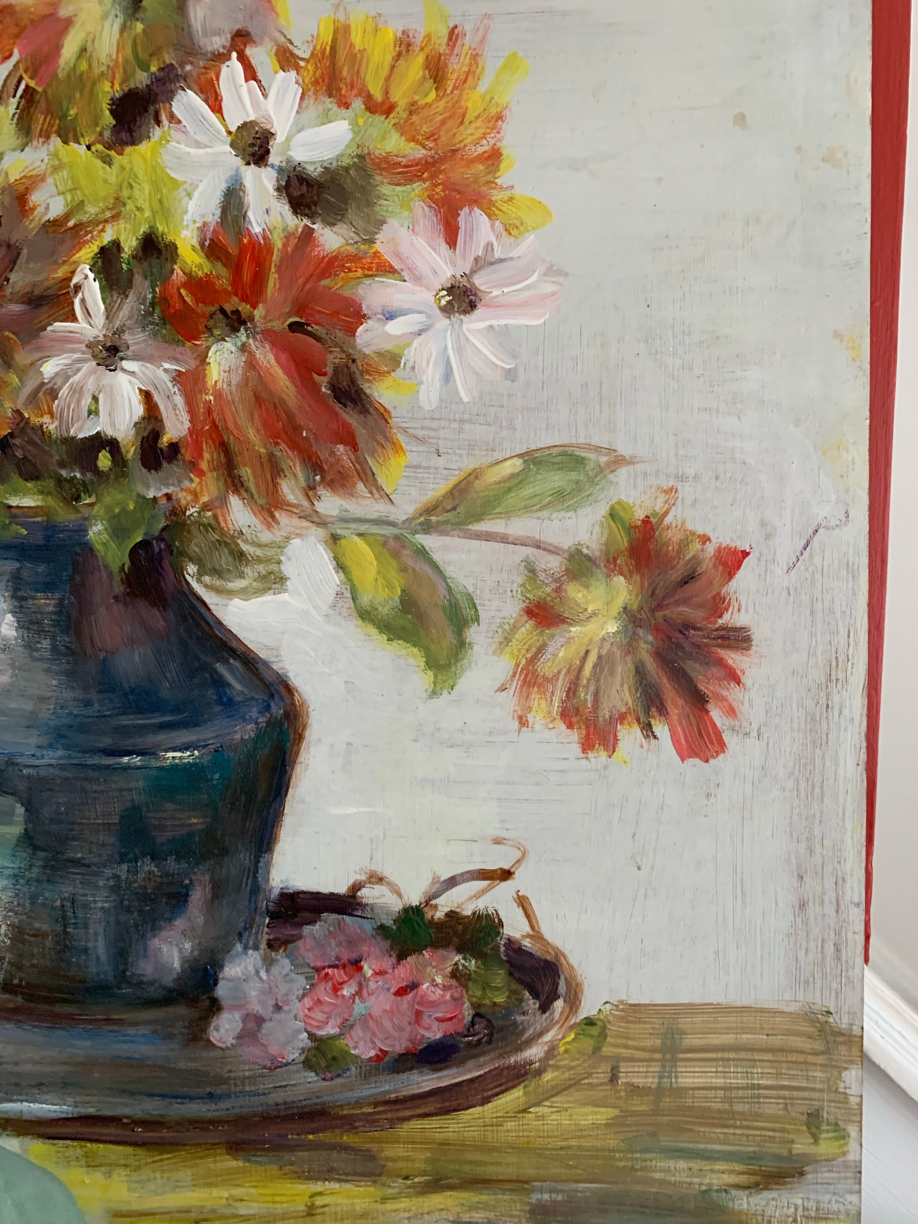 Floral Still-Life with Blue Jug and Plate - Vintage Oil on Board