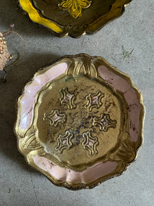 Set of Two Vintage Italian Florentine Coasters - Pink & Yellow