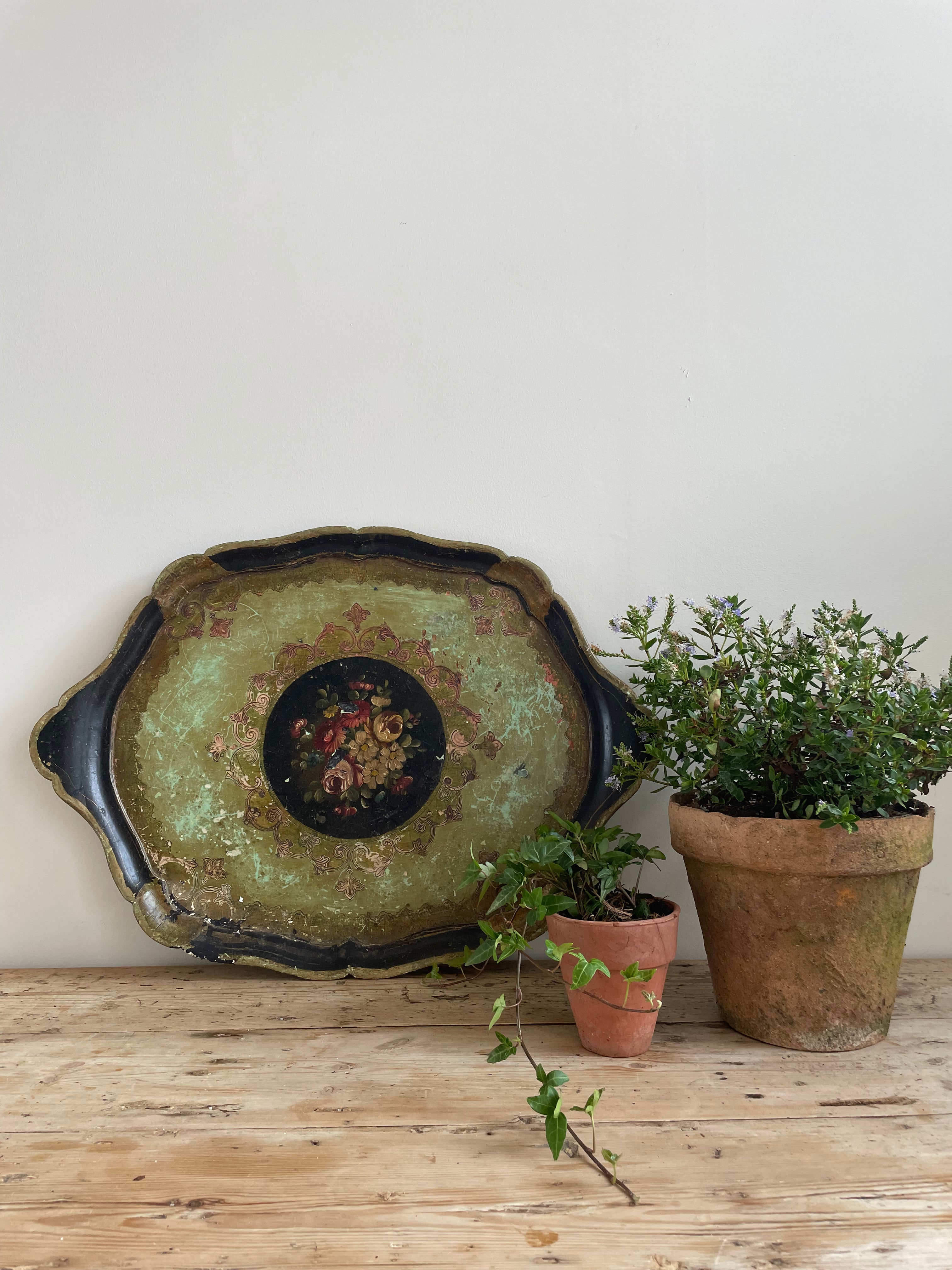Florentine Tray with black and green florals