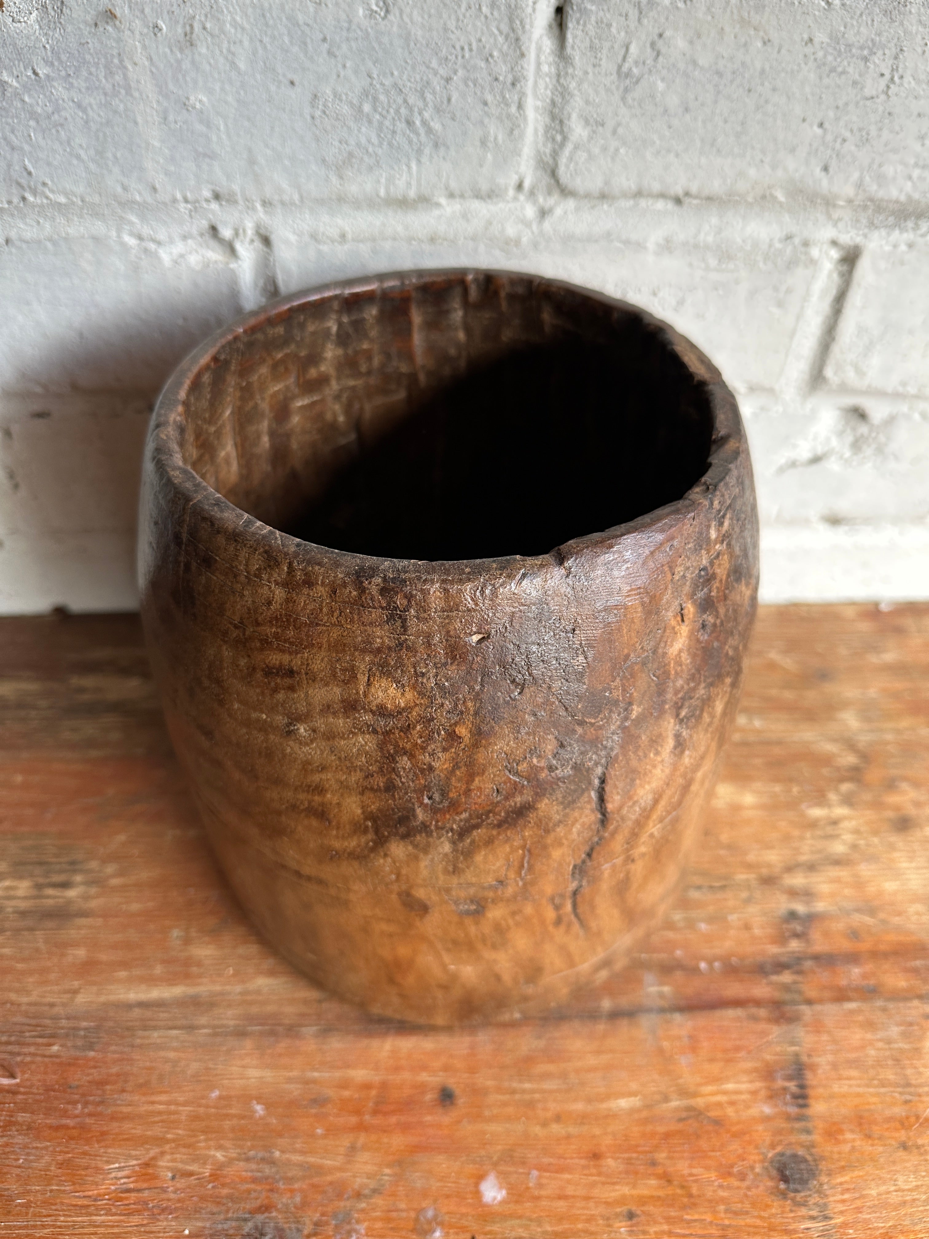 19th Century Indian Hand-Carved Wood Grain Measure Pot