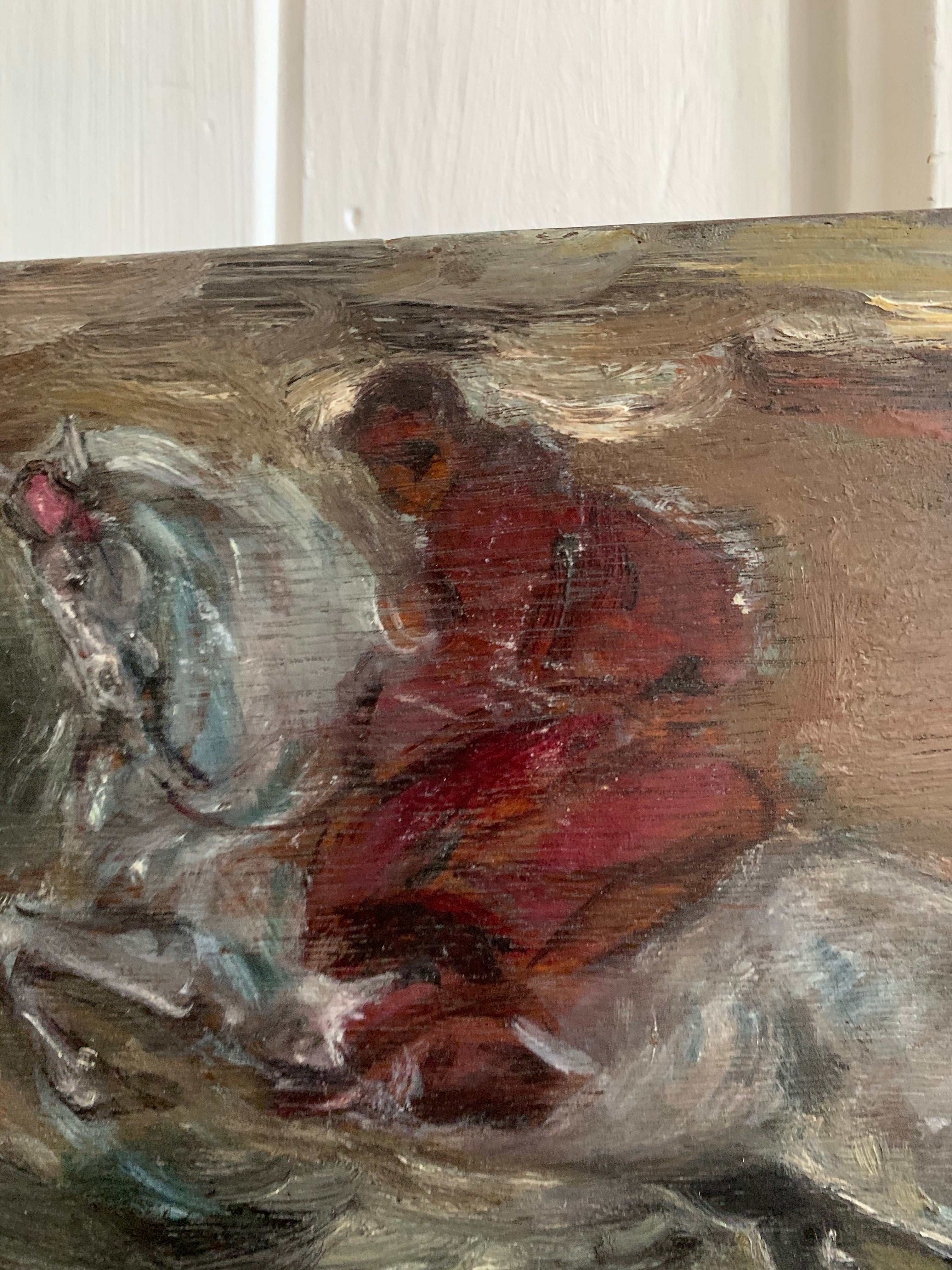 Galloping Horse & Rider: Mini Antique Oil on Wood