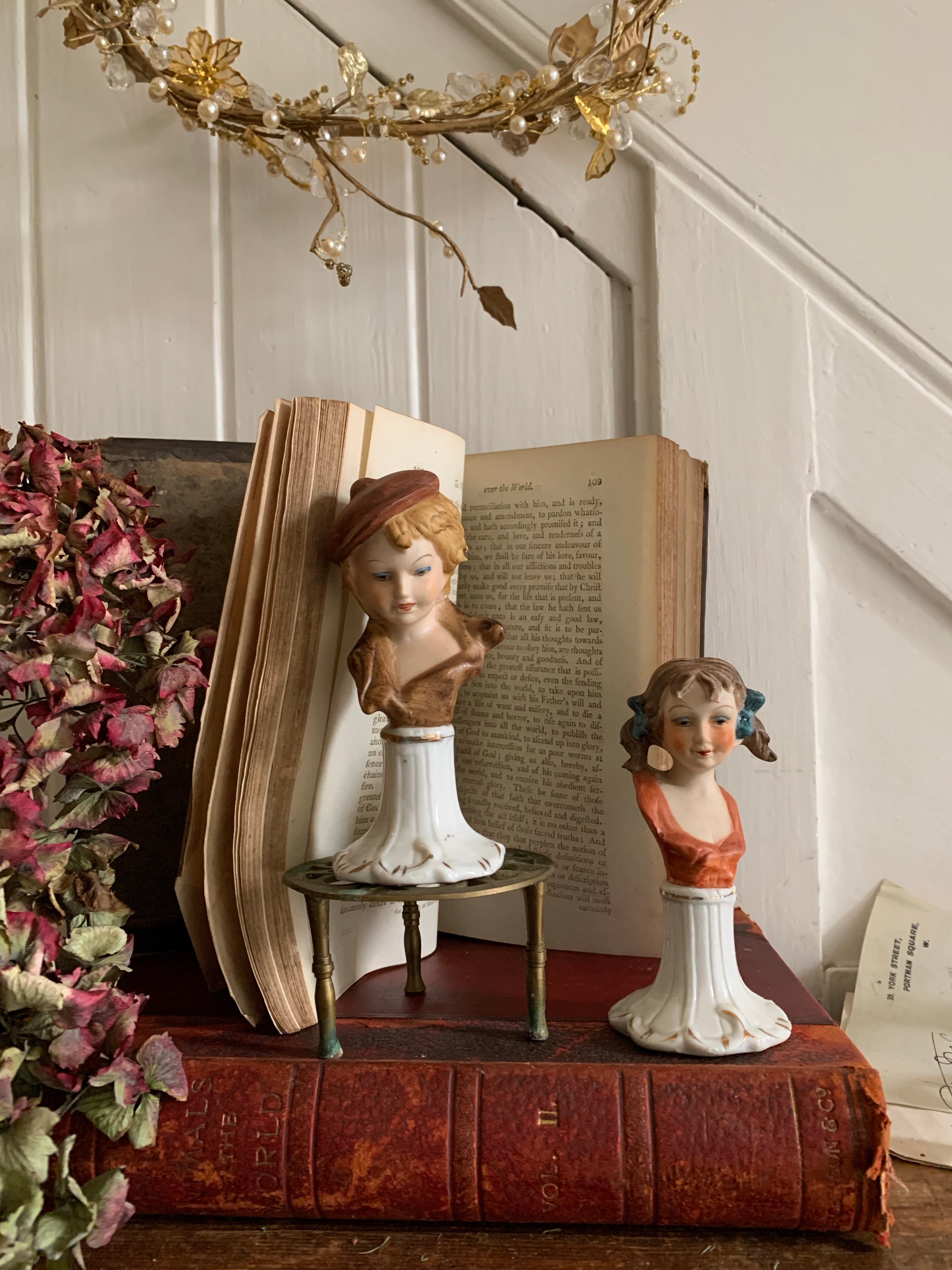 Pair of Capodimonte Porcelain Figurine Busts of a Boy & Girl